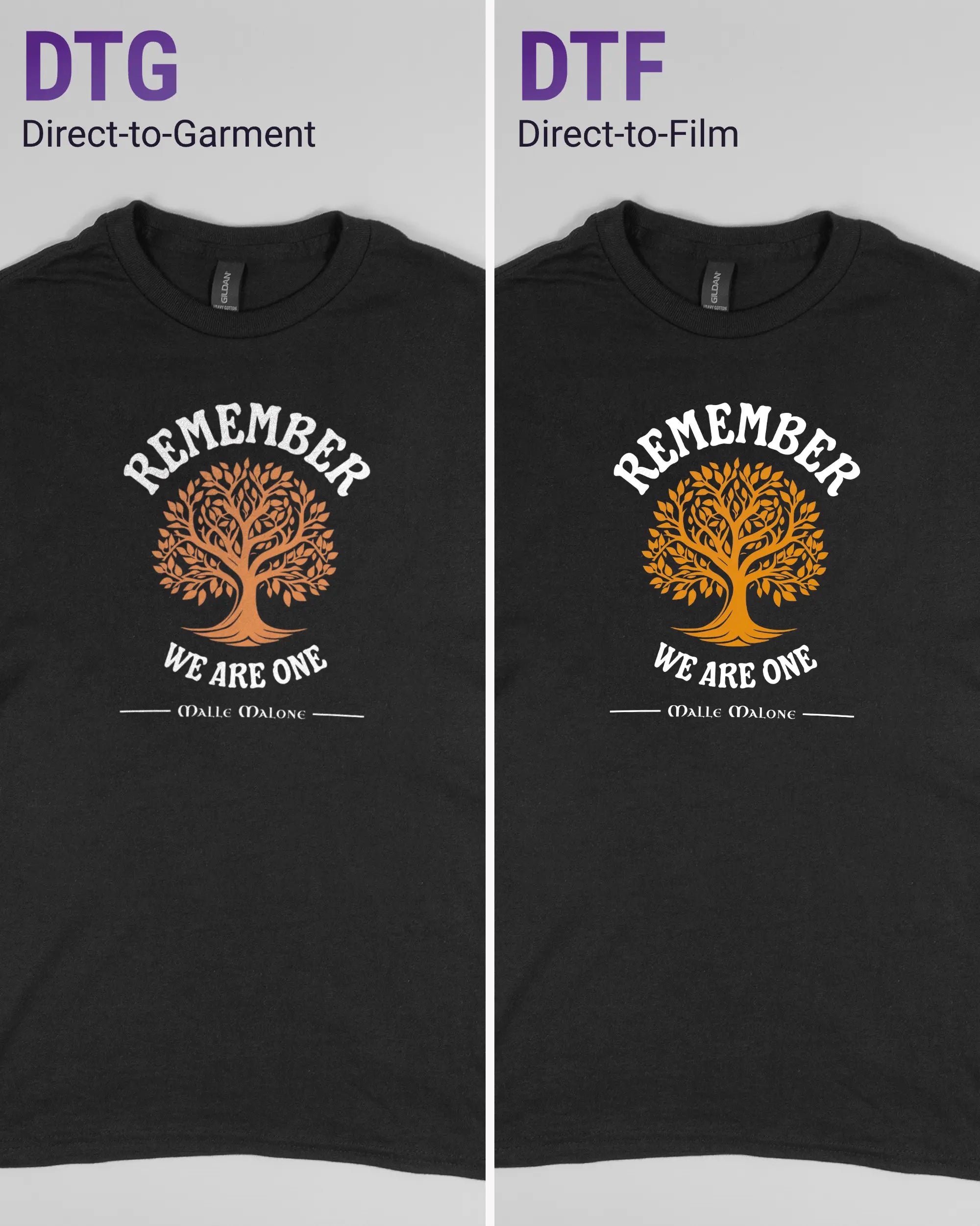 Vergleich der Vorderseiten des Basic Unisex T-Shirt Regular von Maondo mit dem Design We are one in der Farbe Black und in der Größe S links mit dem Direct-to-Garment und rechts mit dem Direct-to-Film Verfahren