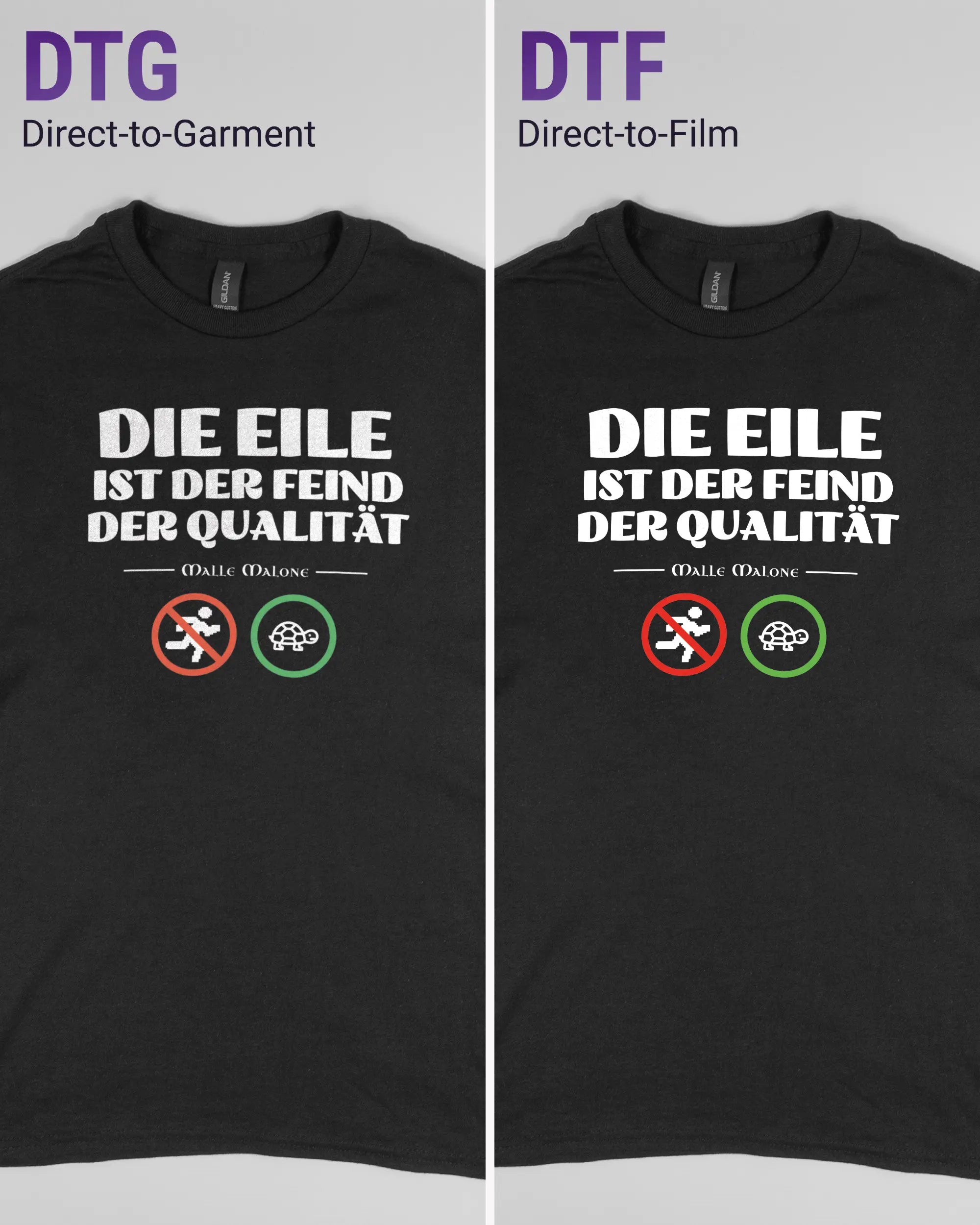 Vergleich der Vorderseiten des Basic Unisex T-Shirt Regular von Maondo mit dem Design Keine Eile in der Farbe Black und in der Größe S links mit dem Direct-to-Garment und rechts mit dem Direct-to-Film Verfahren