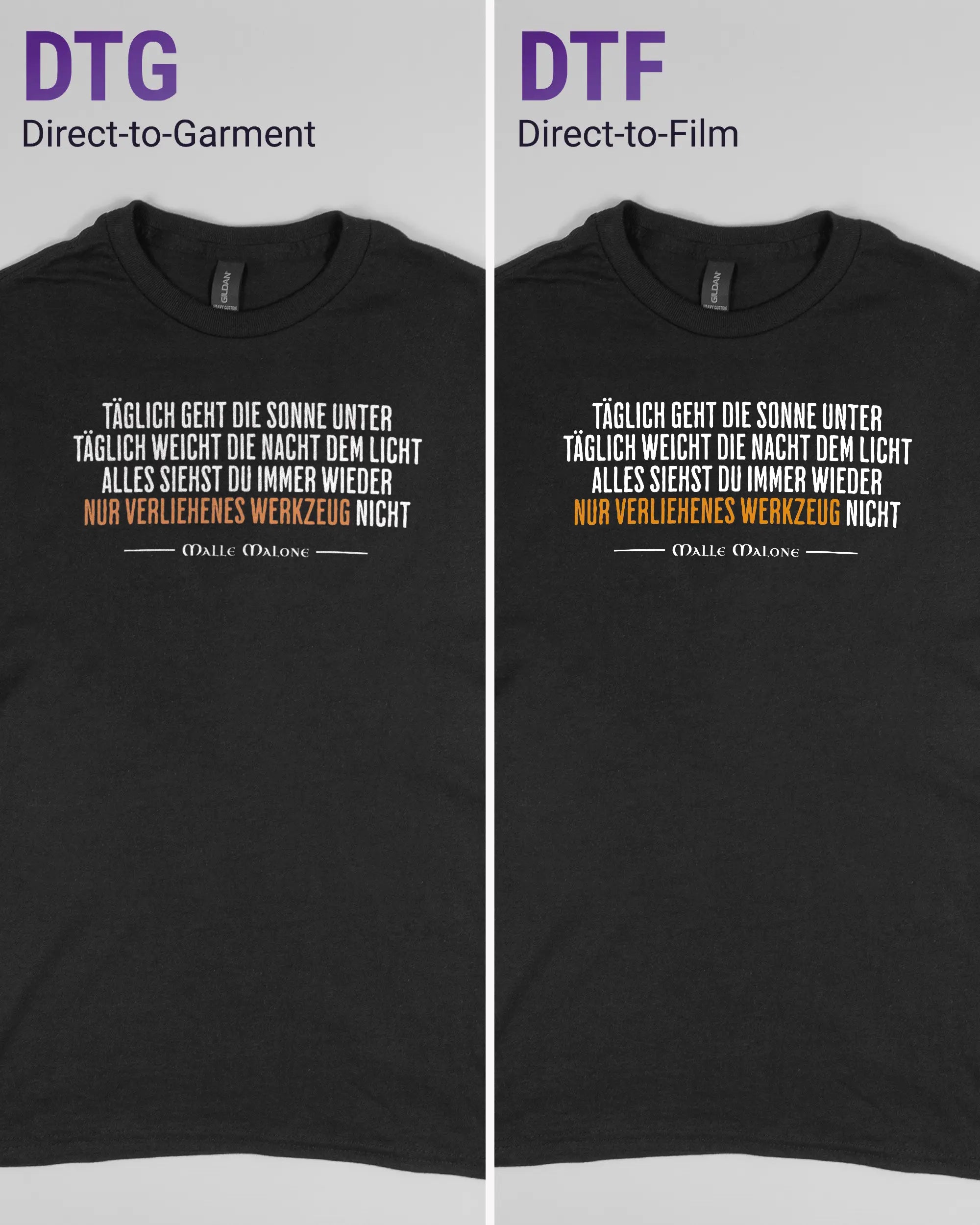 Vergleich der Vorderseiten des Basic Unisex T-Shirt Regular von Maondo mit dem Design Wegzeug in der Farbe Black und in der Größe S links mit dem Direct-to-Garment und rechts mit dem Direct-to-Film Verfahren