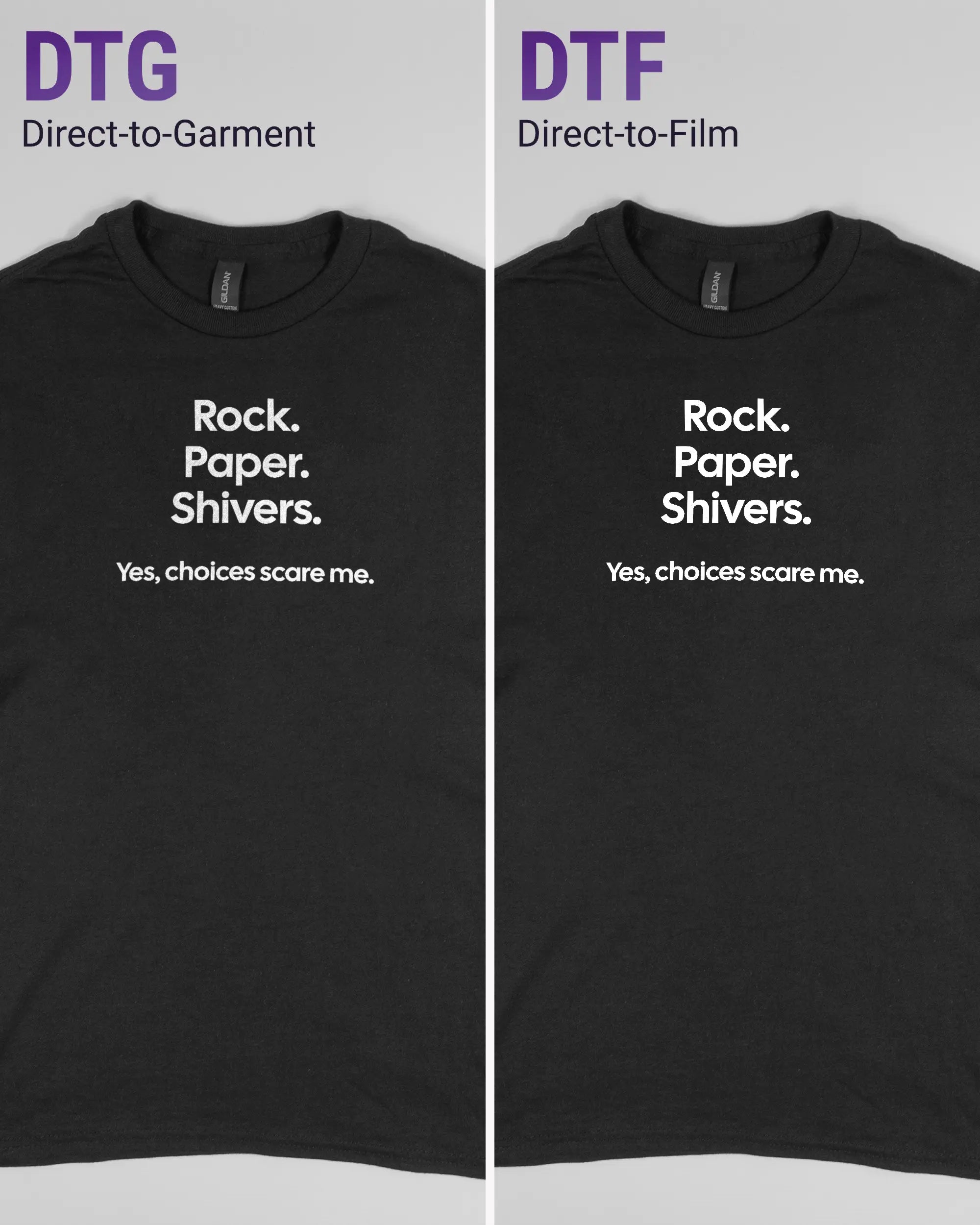 Vergleich der Vorderseiten des Basic Unisex T-Shirt Regular von Maondo mit dem Design Rock Paper Shivers in der Farbe Black und in der Größe S links mit dem Direct-to-Garment und rechts mit dem Direct-to-Film Verfahren
