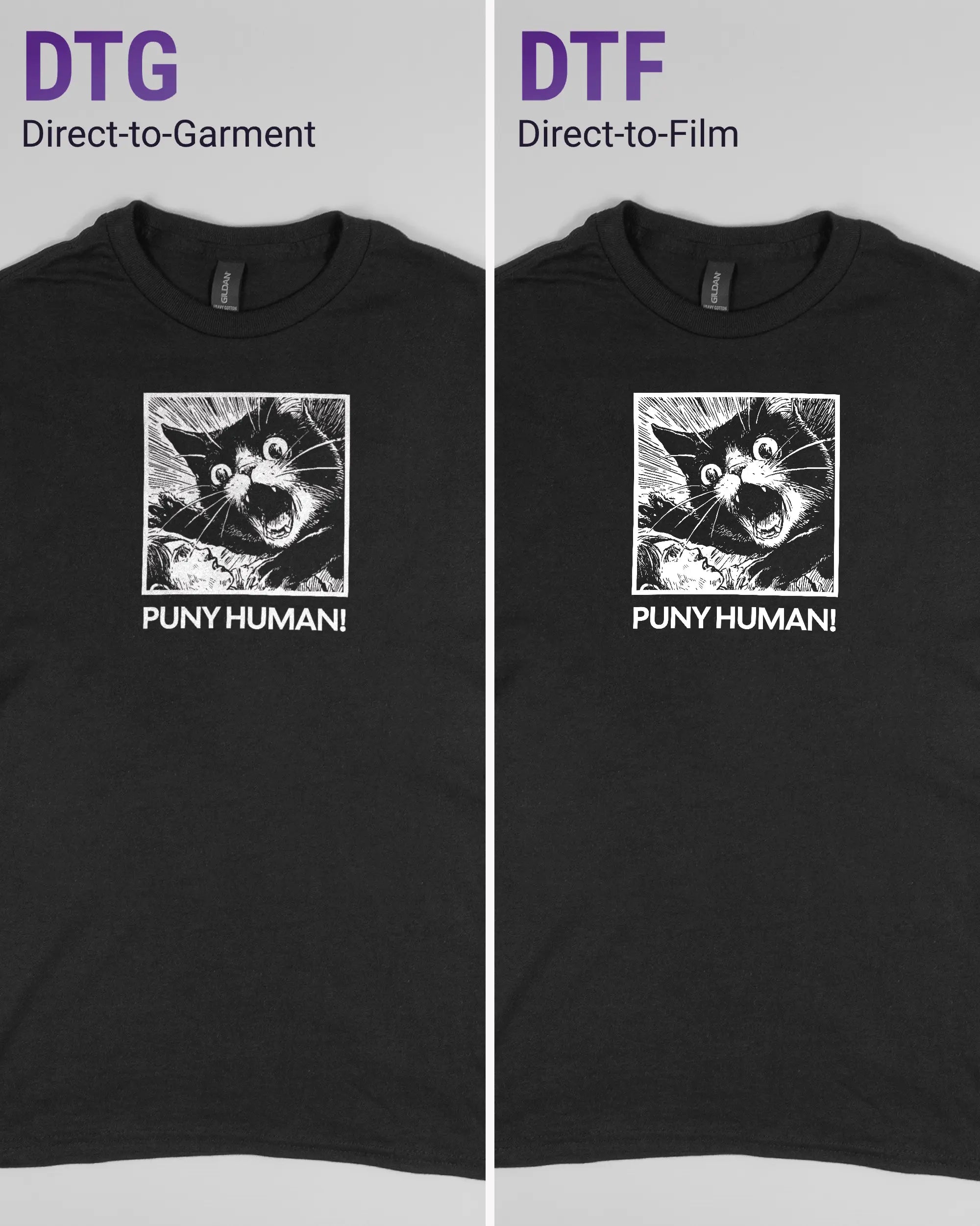 Vergleich der Vorderseiten des Basic Unisex T-Shirt Regular von Maondo mit dem Design Puny Human in der Farbe Black und in der Größe S links mit dem Direct-to-Garment und rechts mit dem Direct-to-Film Verfahren