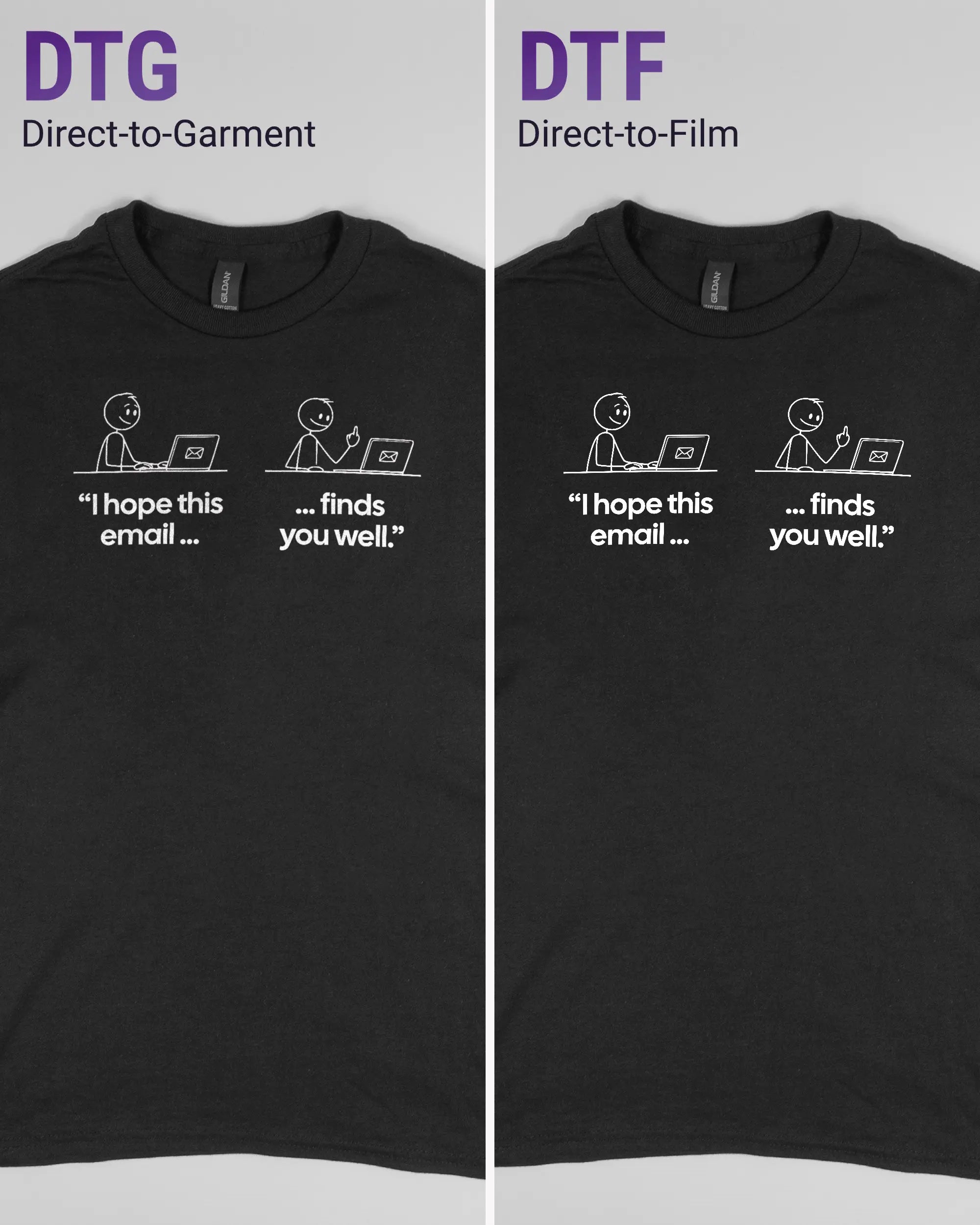 Vergleich der Vorderseiten des Basic Unisex T-Shirt Regular von Maondo mit dem Design Found me not well in der Farbe Black und in der Größe S links mit dem Direct-to-Garment und rechts mit dem Direct-to-Film Verfahren