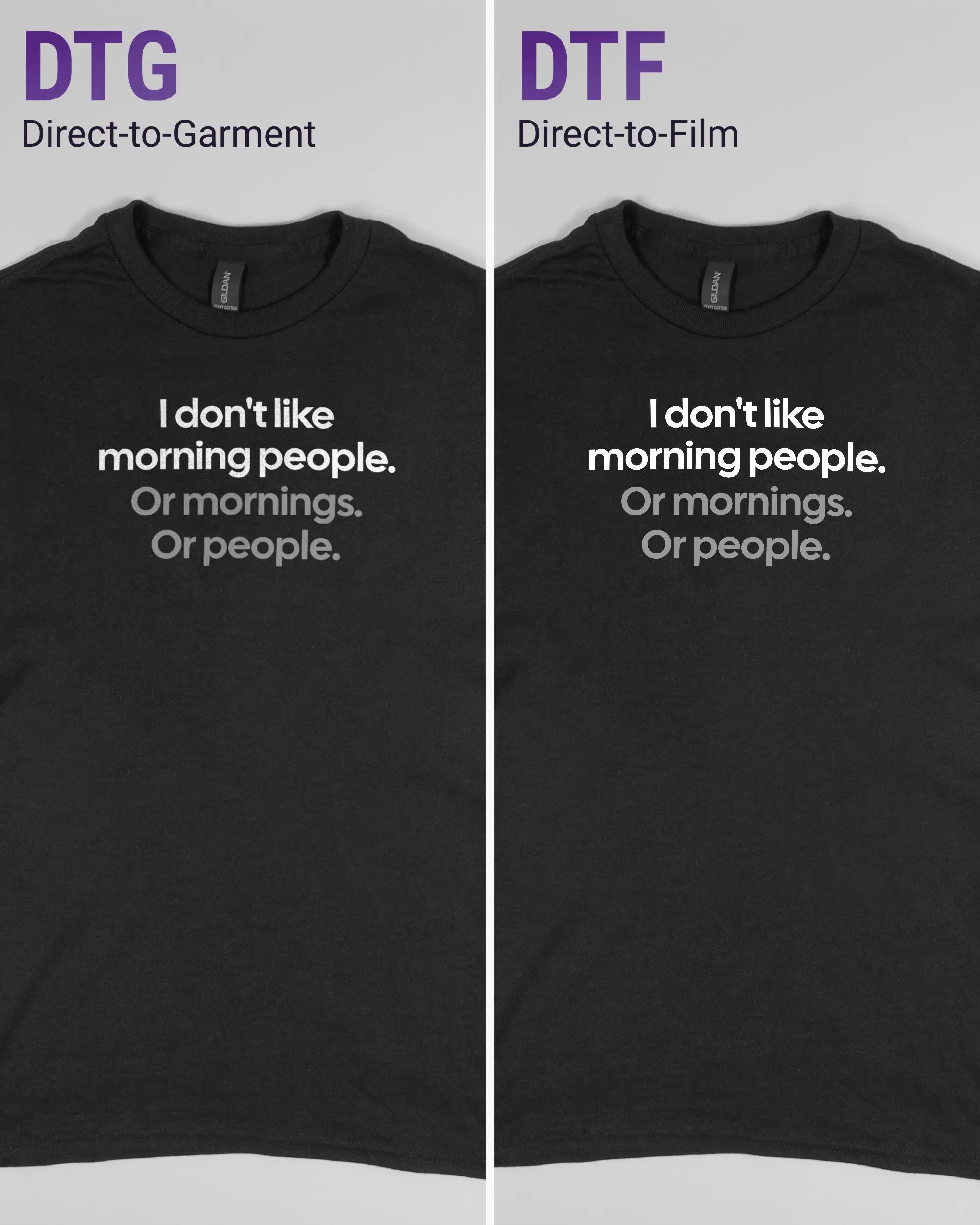 Vergleich der Vorderseiten des Basic Unisex T-Shirt Regular von Maondo mit dem Design Morning Person in der Farbe Black und in der Größe S links mit dem Direct-to-Garment und rechts mit dem Direct-to-Film Verfahren