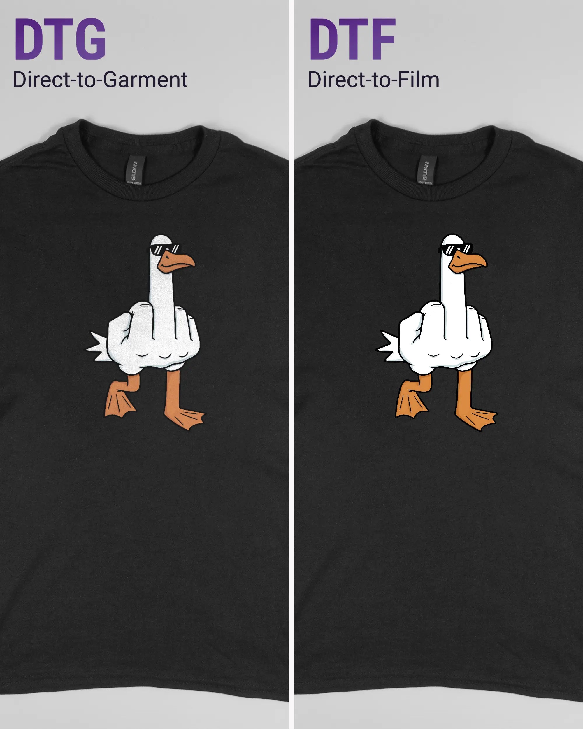 Vergleich der Vorderseiten des Basic Unisex T-Shirt Regular von Maondo mit dem Design I give a duck in der Farbe Black und in der Größe S links mit dem Direct-to-Garment und rechts mit dem Direct-to-Film Verfahren
