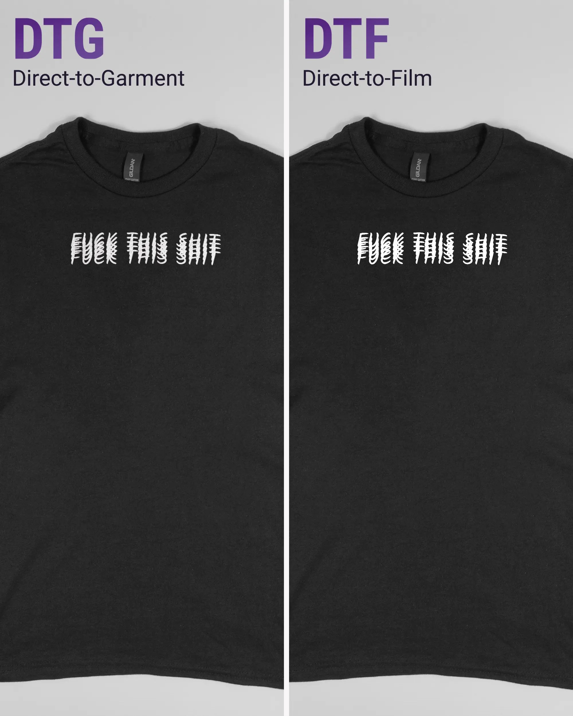 Vergleich der Vorderseiten des Basic Unisex T-Shirt Regular von Maondo mit dem Design Hidden Message in der Farbe Black und in der Größe S links mit dem Direct-to-Garment und rechts mit dem Direct-to-Film Verfahren