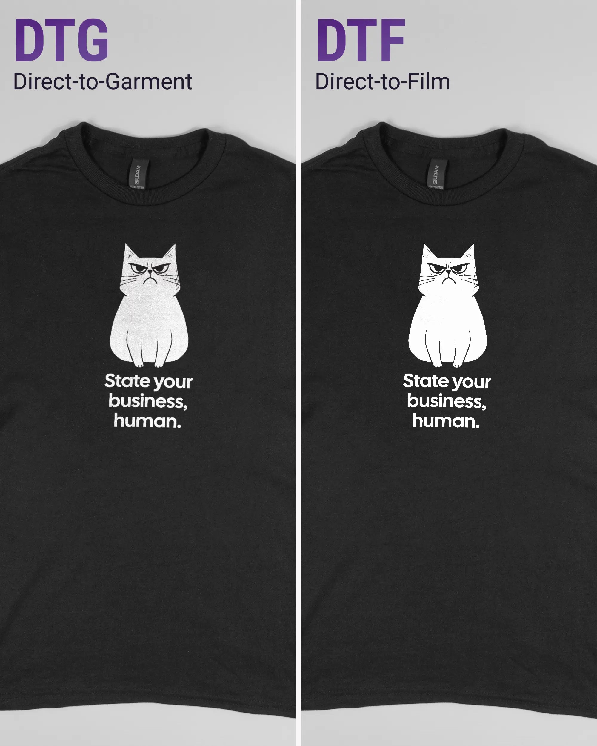 Vergleich der Vorderseiten des Basic Unisex T-Shirt Regular von Maondo mit dem Design Grumpy Purr in der Farbe Black und in der Größe S links mit dem Direct-to-Garment und rechts mit dem Direct-to-Film Verfahren