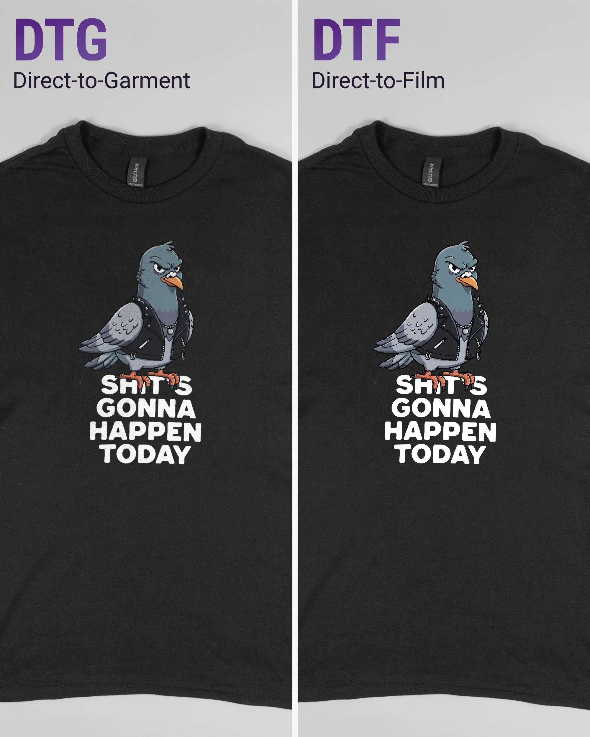 Vergleich der Vorderseiten des Basic Unisex T-Shirt Regular von Maondo mit dem Design Pigeon Pun in der Farbe Black und in der Größe S links mit dem Direct-to-Garment und rechts mit dem Direct-to-Film Verfahren