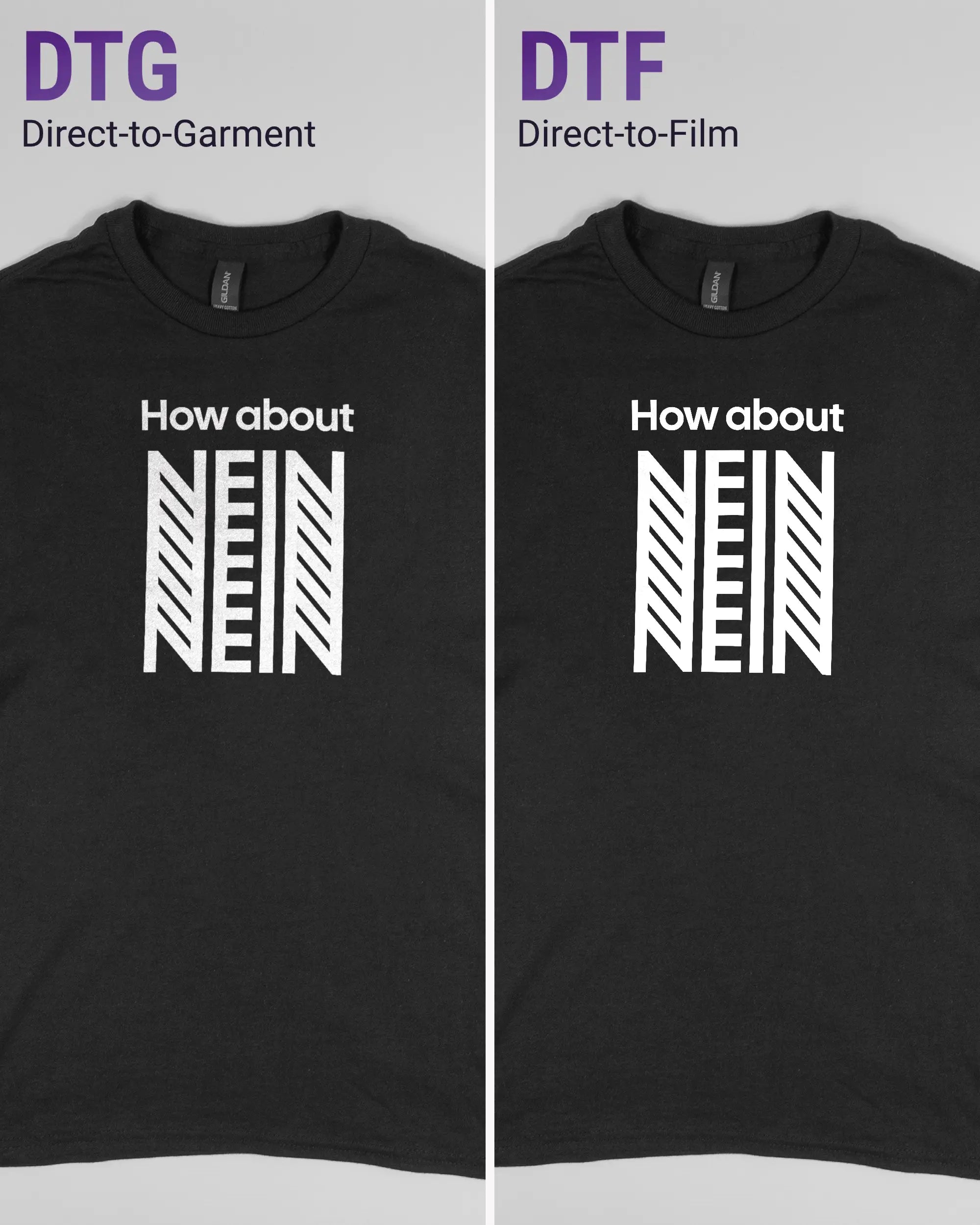 Vergleich der Vorderseiten des Basic Unisex T-Shirt Regular von Maondo mit dem Design How about nein in der Farbe Black und in der Größe S links mit dem Direct-to-Garment und rechts mit dem Direct-to-Film Verfahren