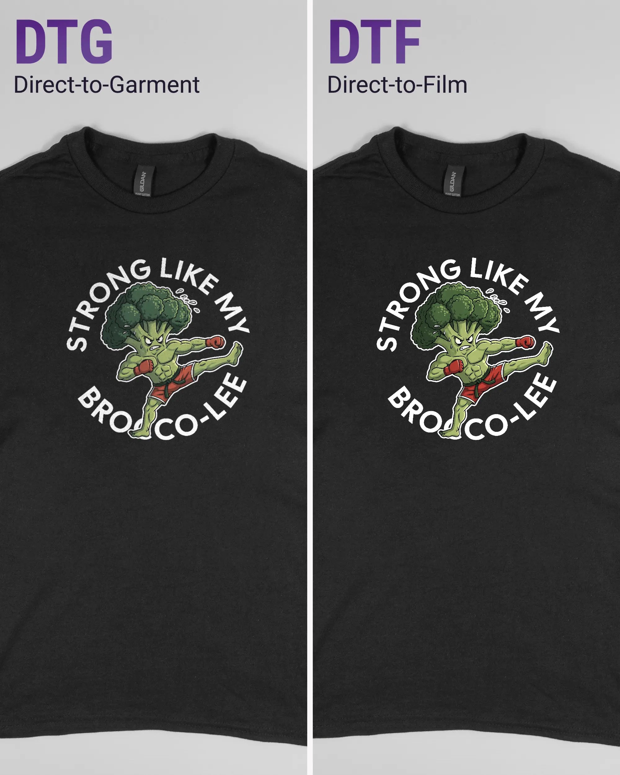 Vergleich der Vorderseiten des Basic Unisex T-Shirt Regular von Maondo mit dem Design Brocco-Lee in der Farbe Black und in der Größe S links mit dem Direct-to-Garment und rechts mit dem Direct-to-Film Verfahren
