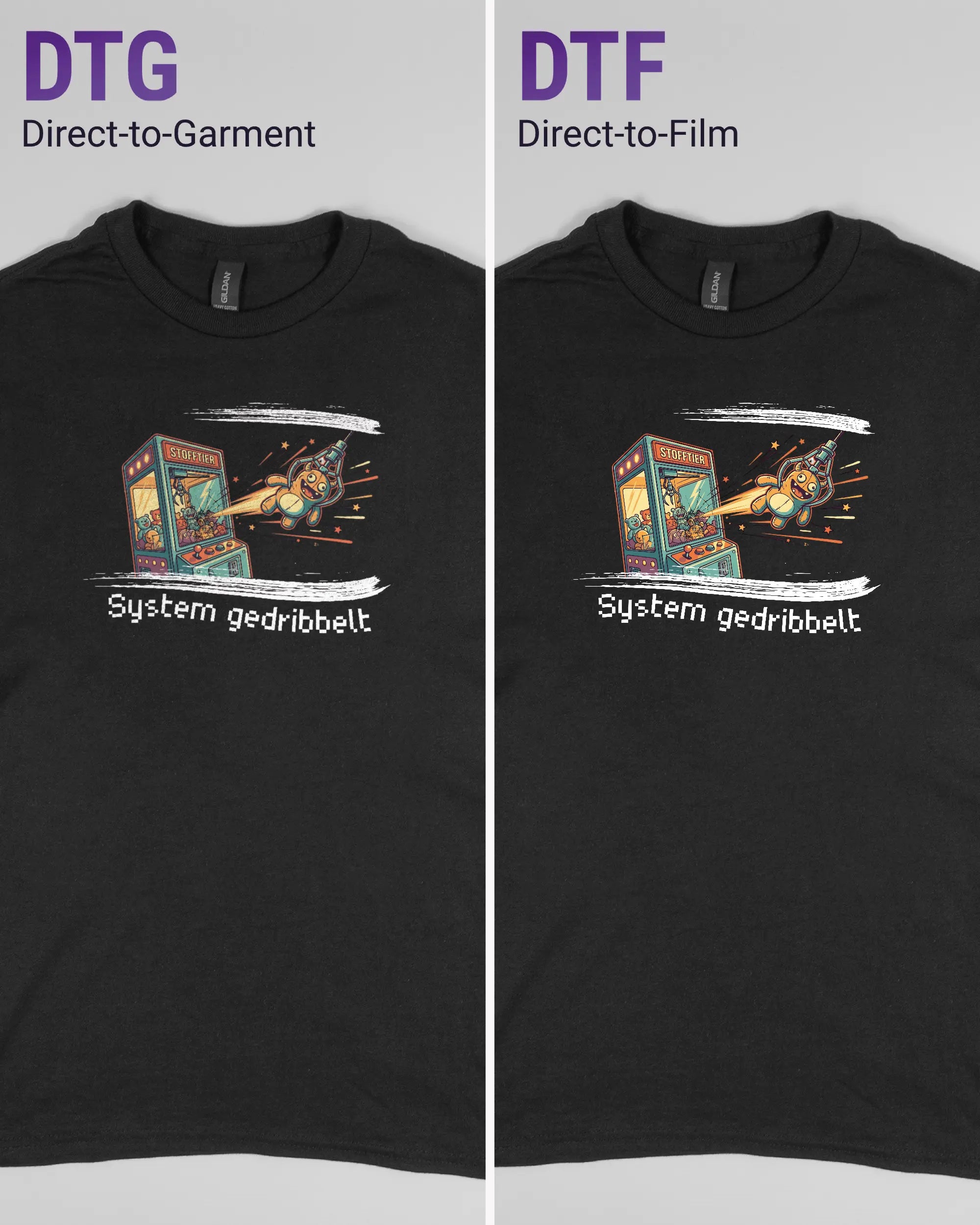 Vergleich der Vorderseiten des Basic Unisex T-Shirt Regular von Maondo mit dem Design System gedribbelt in der Farbe Black und in der Größe S links mit dem Direct-to-Garment und rechts mit dem Direct-to-Film Verfahren