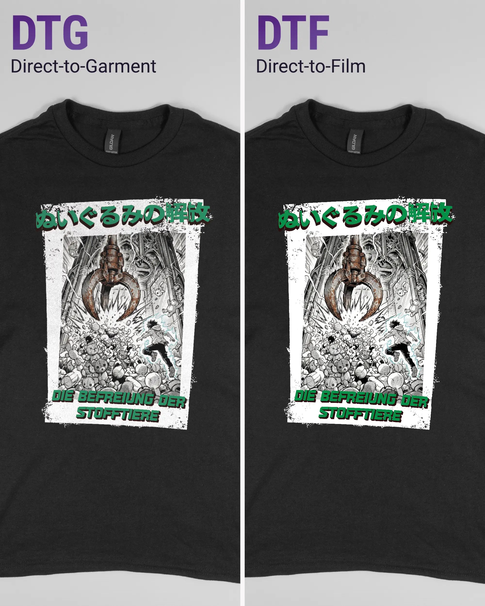 Vergleich der Vorderseiten des Basic Unisex T-Shirt Regular von Maondo mit dem Design Save 1 Stofftier in der Farbe Black und in der Größe S links mit dem Direct-to-Garment und rechts mit dem Direct-to-Film Verfahren