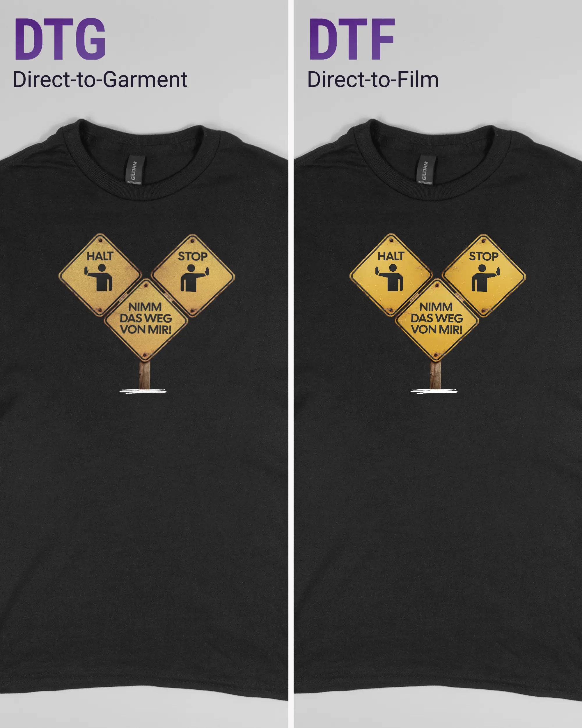Vergleich der Vorderseiten des Basic Unisex T-Shirt Regular von Maondo mit dem Design Schutzschild in der Farbe Black und in der Größe S links mit dem Direct-to-Garment und rechts mit dem Direct-to-Film Verfahren