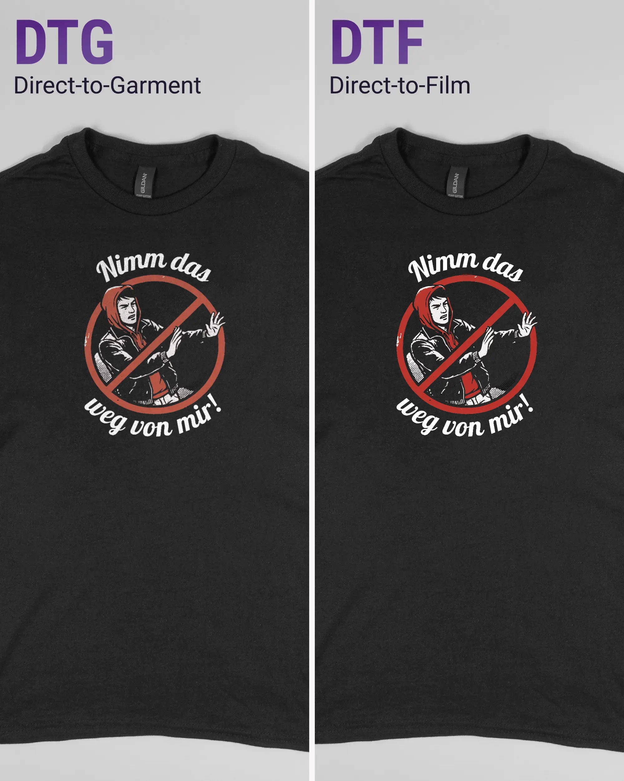 Vergleich der Vorderseiten des Basic Unisex T-Shirt Regular von Maondo mit dem Design Nimm das weg in der Farbe Black und in der Größe S links mit dem Direct-to-Garment und rechts mit dem Direct-to-Film Verfahren