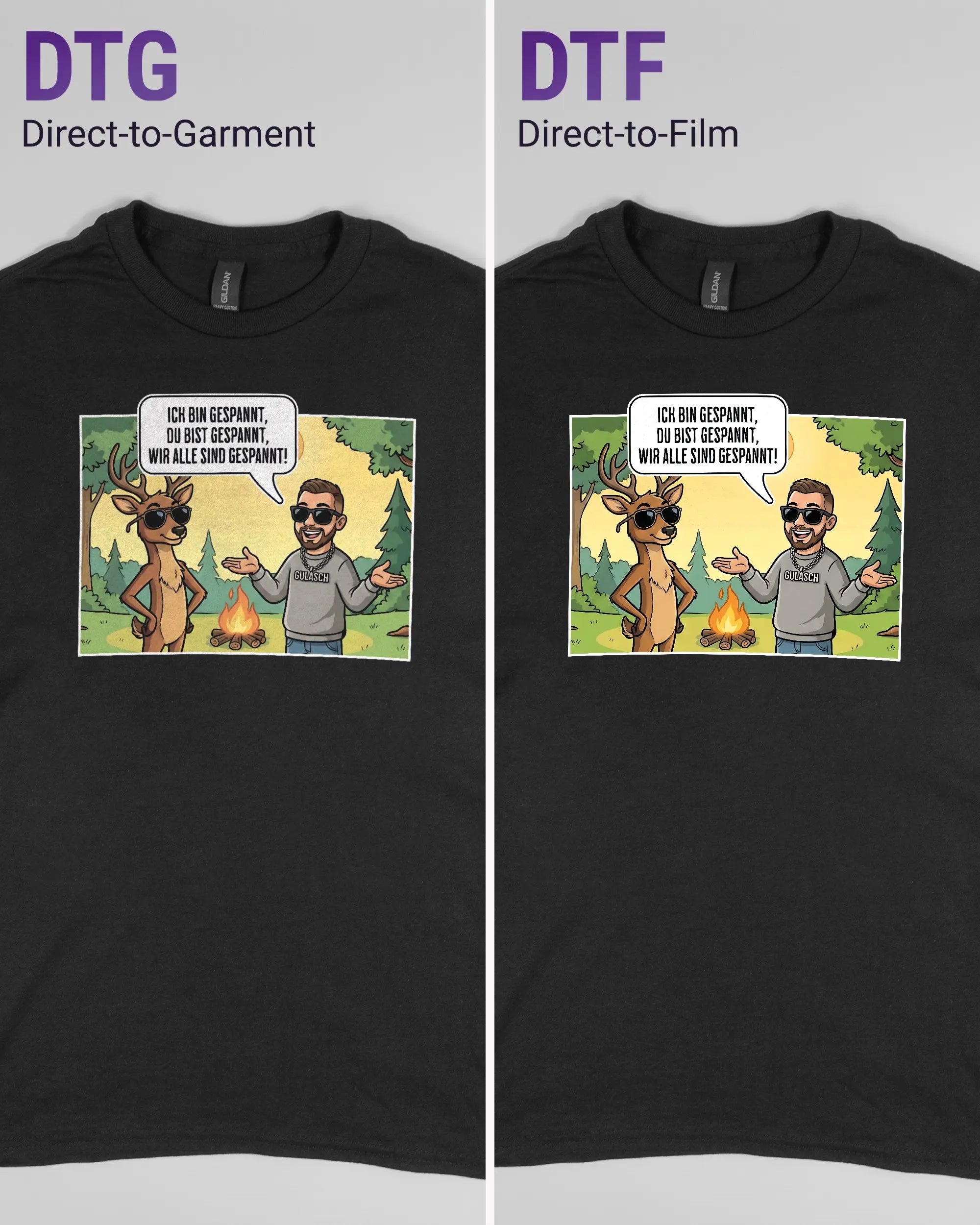 Vergleich der Vorderseiten des Basic Unisex T-Shirt Regular von Maondo mit dem Design Vollspannung in der Farbe Black und in der Größe S links mit dem Direct-to-Garment und rechts mit dem Direct-to-Film Verfahren