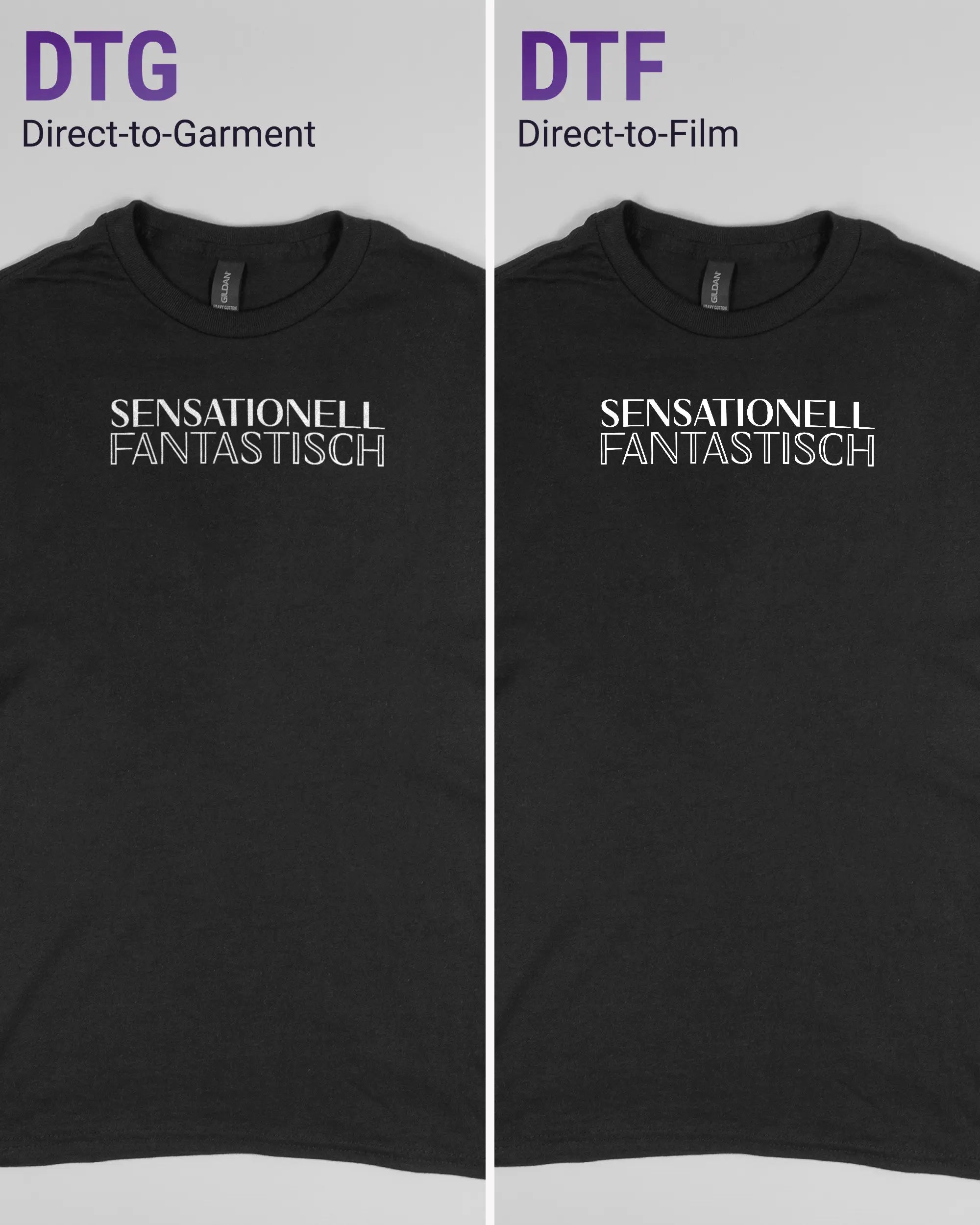 Vergleich der Vorderseiten des Basic Unisex T-Shirt Regular von Maondo mit dem Design Sensationell in der Farbe Black und in der Größe S links mit dem Direct-to-Garment und rechts mit dem Direct-to-Film Verfahren