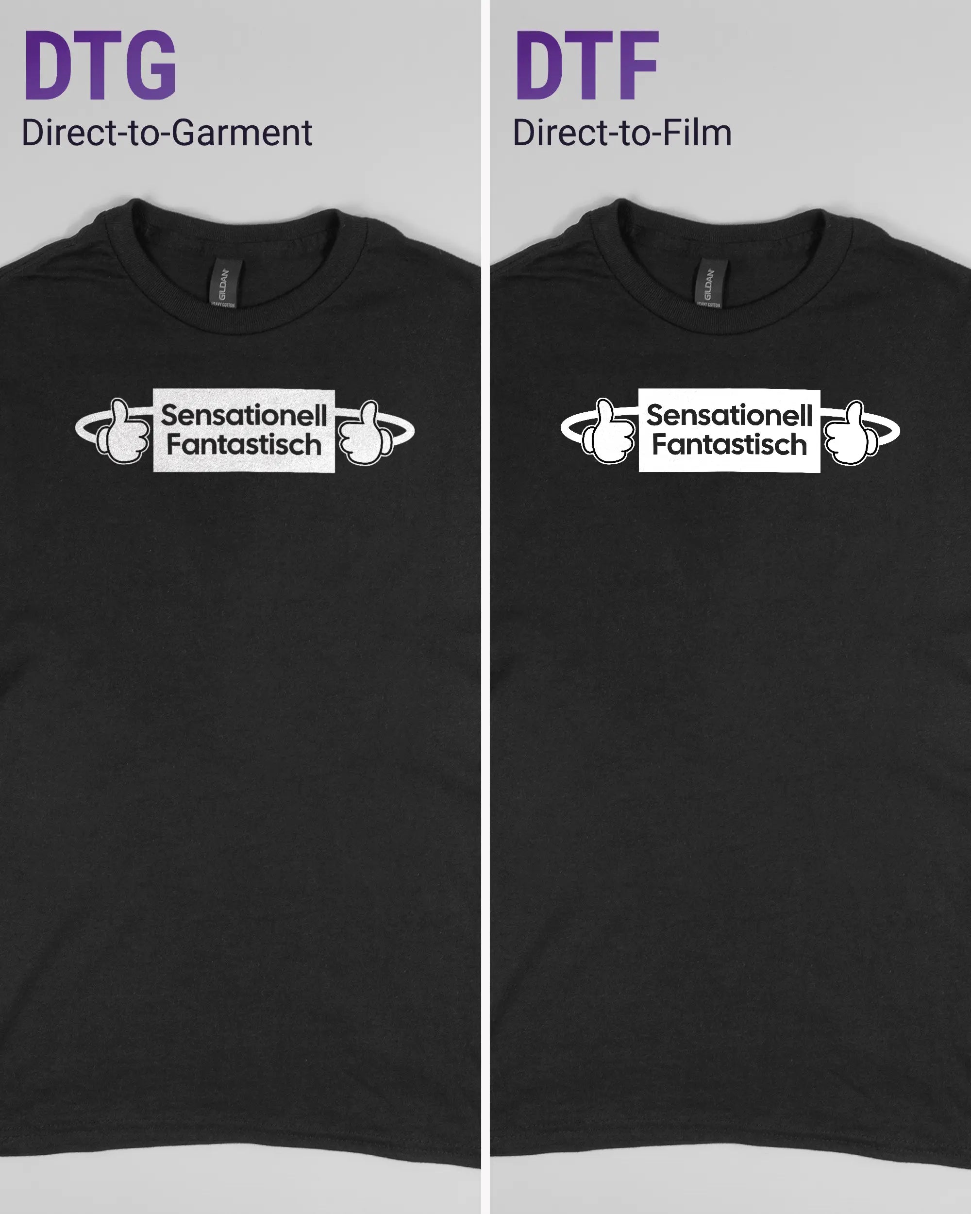 Vergleich der Vorderseiten des Basic Unisex T-Shirt Regular von Maondo mit dem Design Fantastisch in der Farbe Black und in der Größe S links mit dem Direct-to-Garment und rechts mit dem Direct-to-Film Verfahren