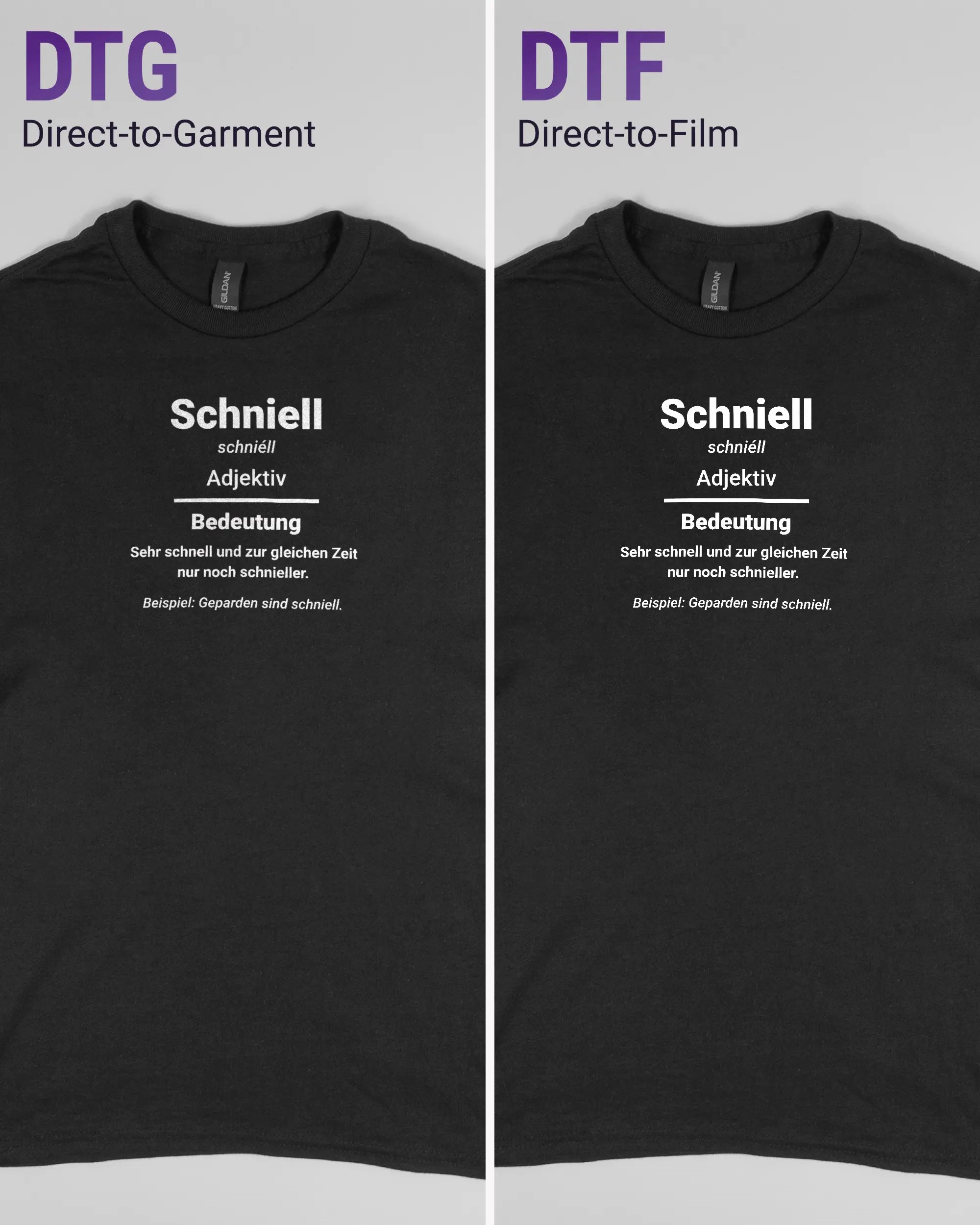 Vergleich der Vorderseiten des Basic Unisex T-Shirt Regular von Maondo mit dem Design Schniell in der Farbe Black und in der Größe S links mit dem Direct-to-Garment und rechts mit dem Direct-to-Film Verfahren