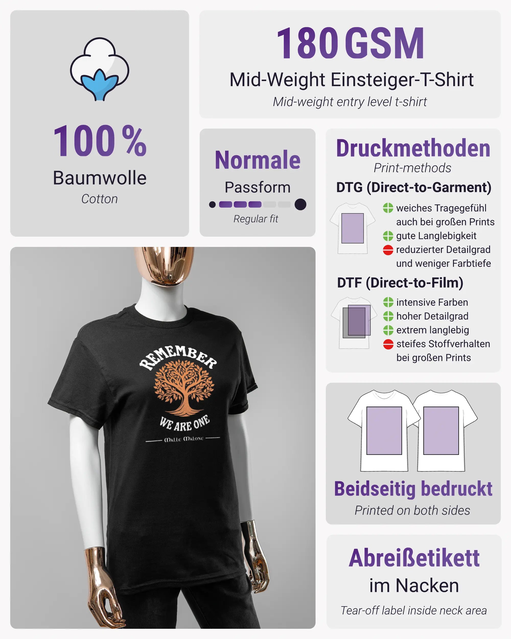 Produktinformationsblatt des Basic Unisex T-Shirt Regular von Maondo mit dem Design We are one vorne in der Farbe Black und in der Größe S