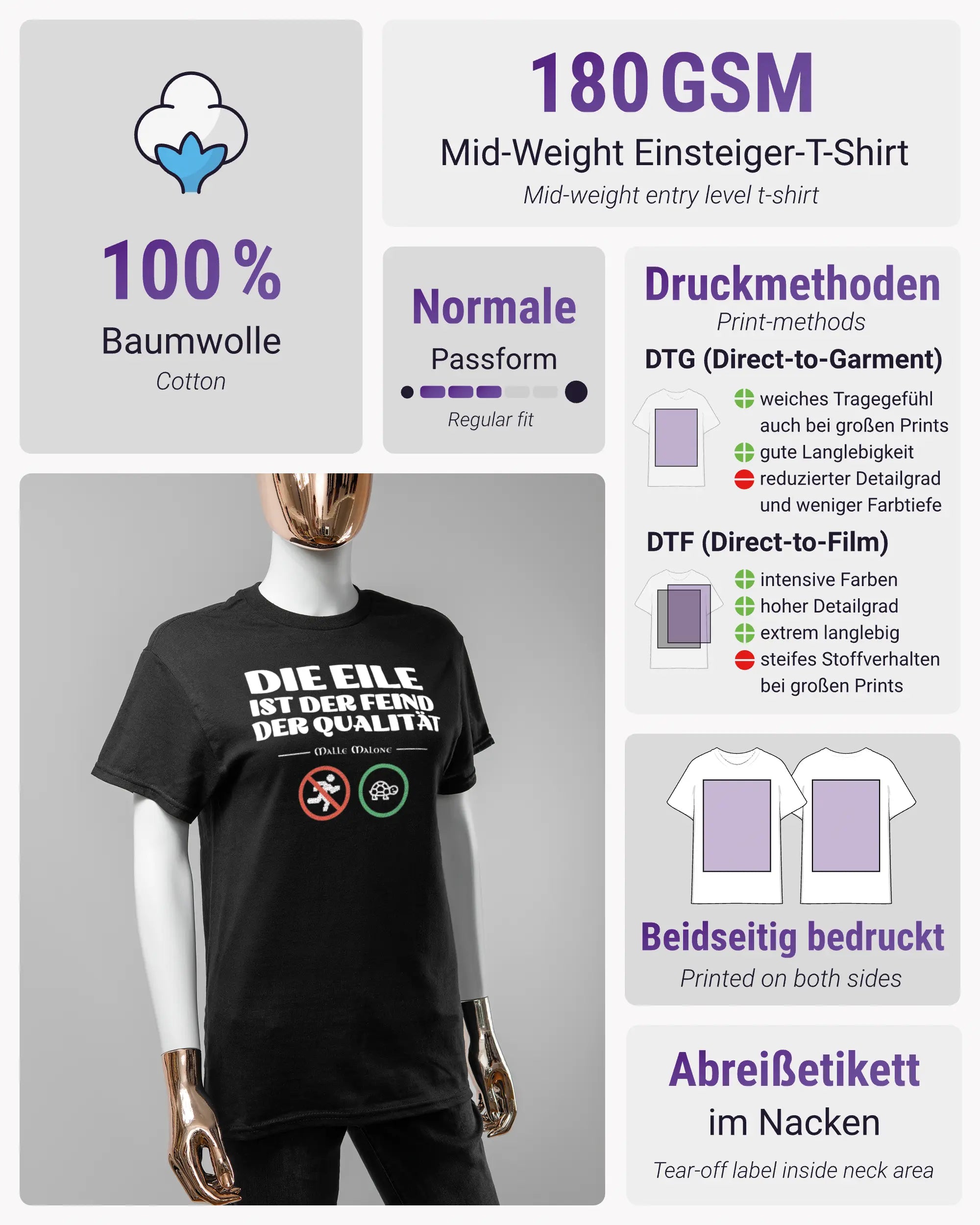 Produktinformationsblatt des Basic Unisex T-Shirt Regular von Maondo mit dem Design Keine Eile vorne in der Farbe Black und in der Größe S