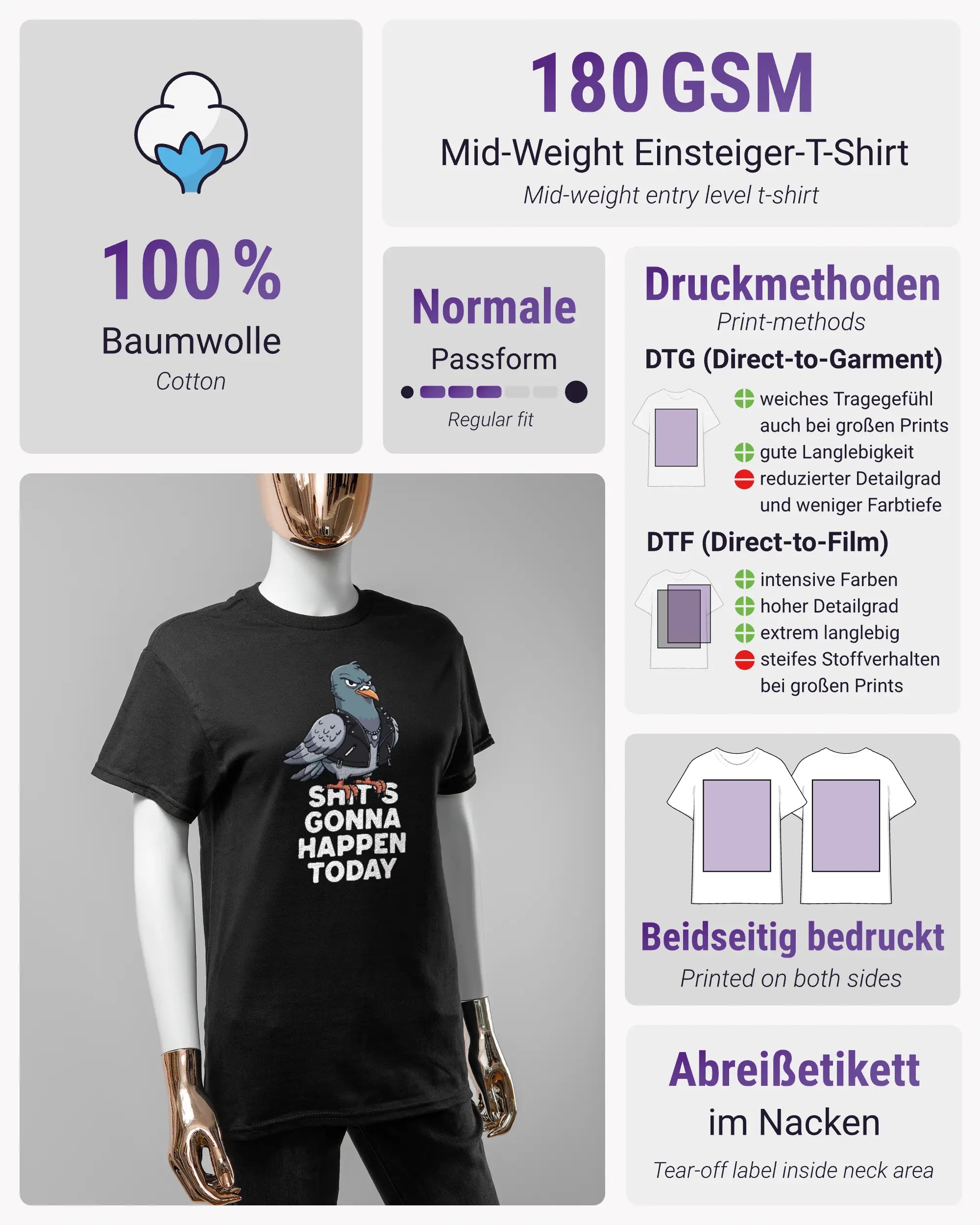 Produktinformationsblatt des Basic Unisex T-Shirt Regular von Maondo mit dem Design Pigeon Pun vorne in der Farbe Black und in der Größe S