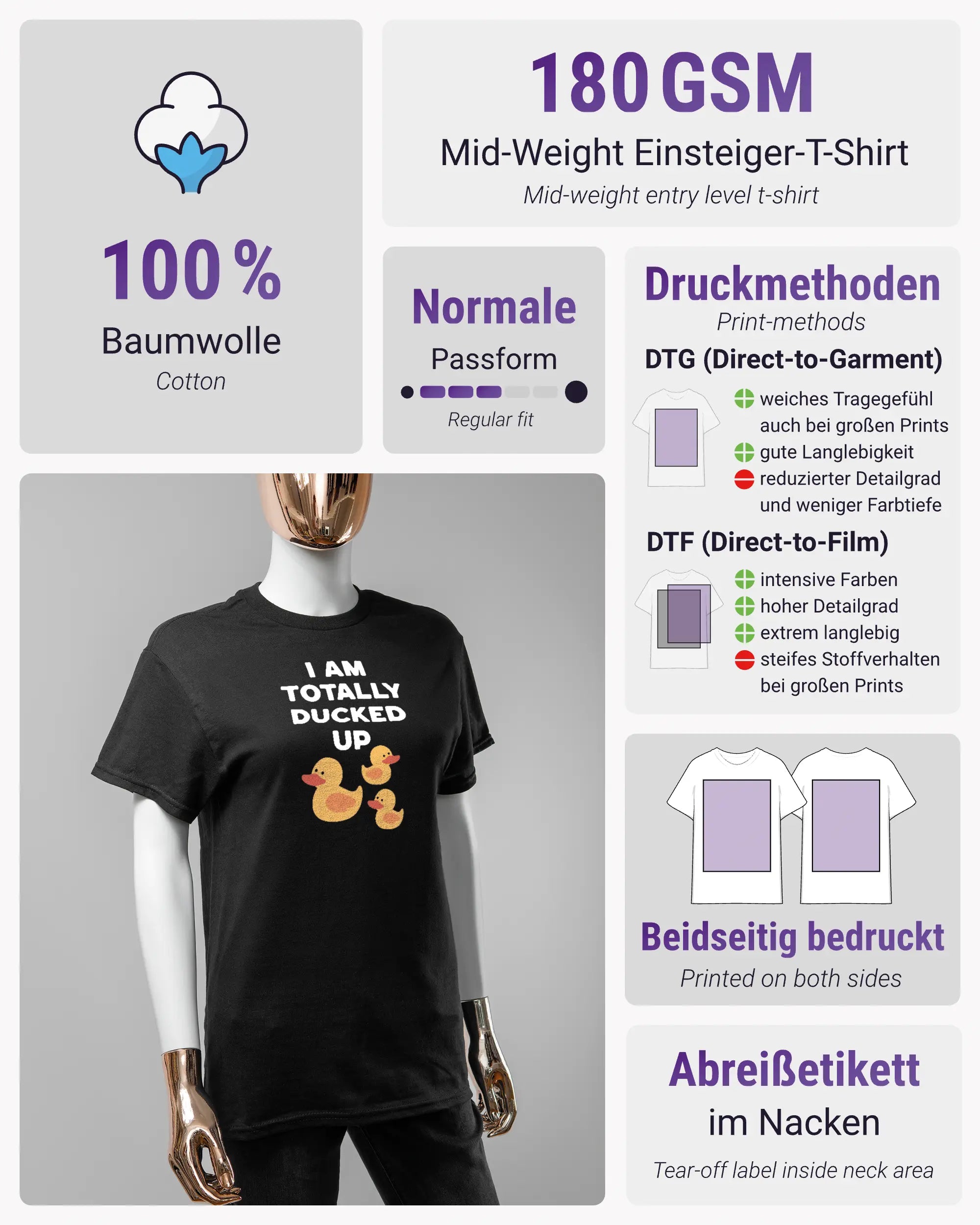 Produktinformationsblatt des Basic Unisex T-Shirt Regular von Maondo mit dem Design Ducked Up vorne in der Farbe Black und in der Größe S
