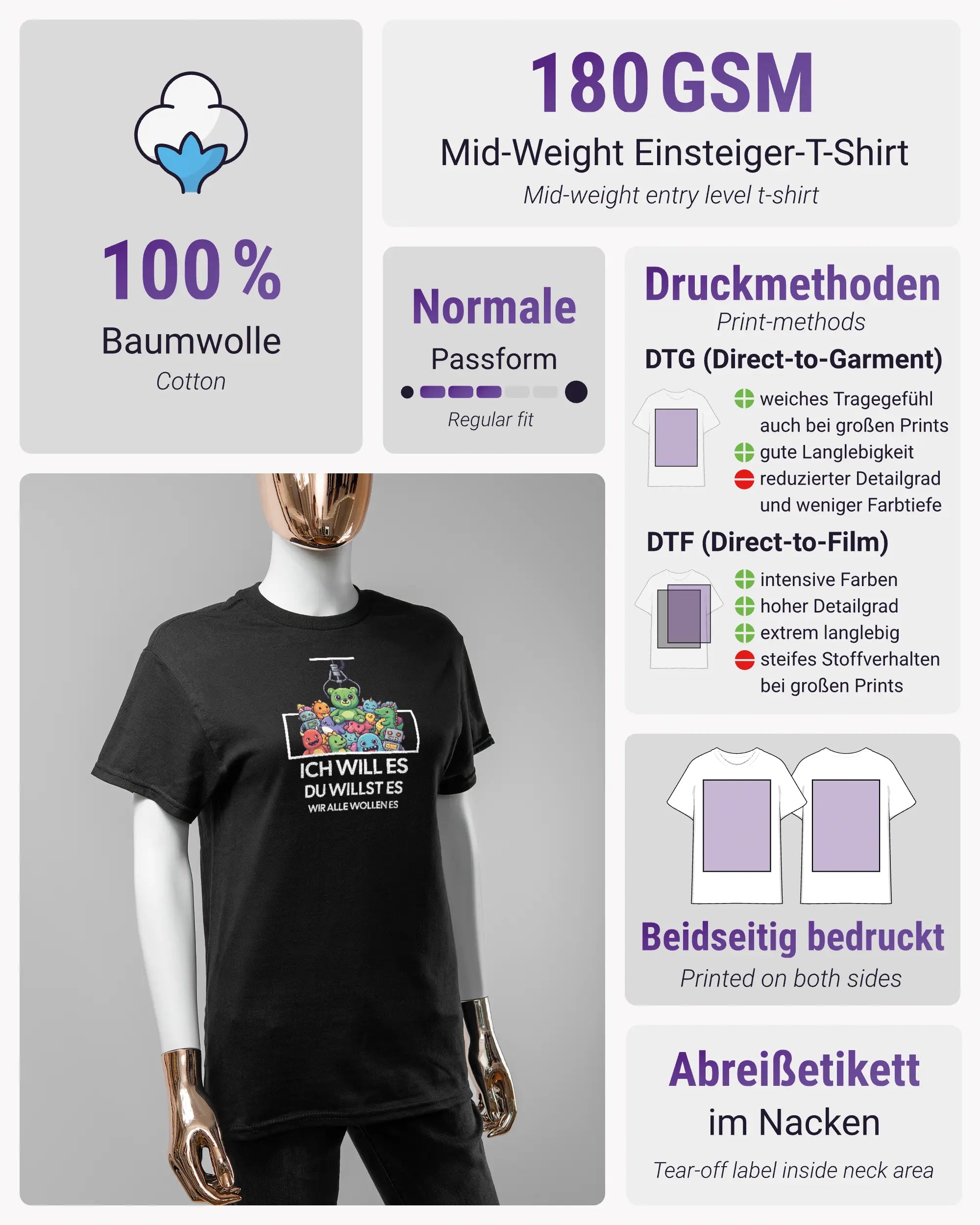 Produktinformationsblatt des Basic Unisex T-Shirt Regular von Maondo mit dem Design Will Stofftier vorne in der Farbe Black und in der Größe S