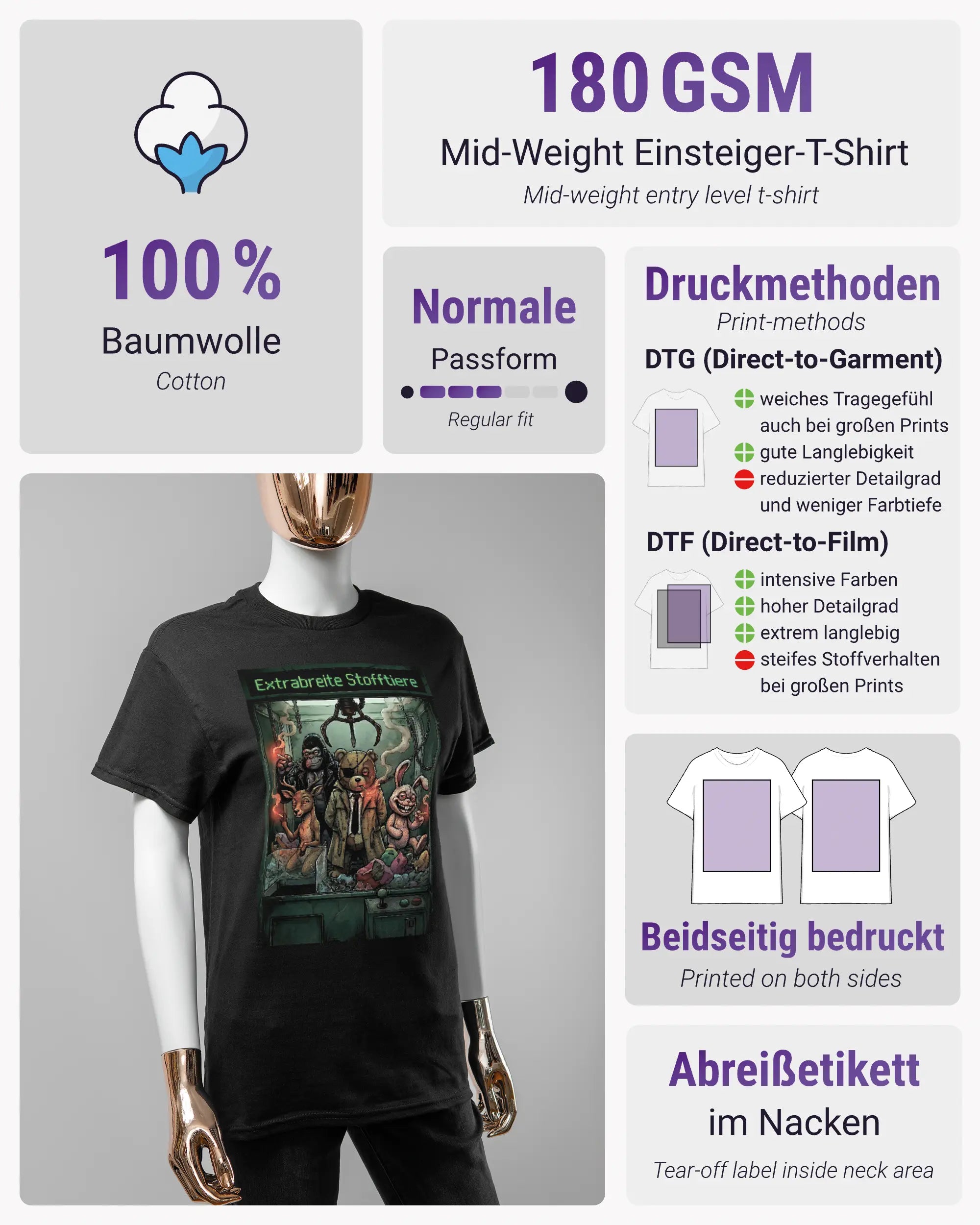 Produktinformationsblatt des Basic Unisex T-Shirt Regular von Maondo mit dem Design Extrabreit vorne in der Farbe Black und in der Größe S