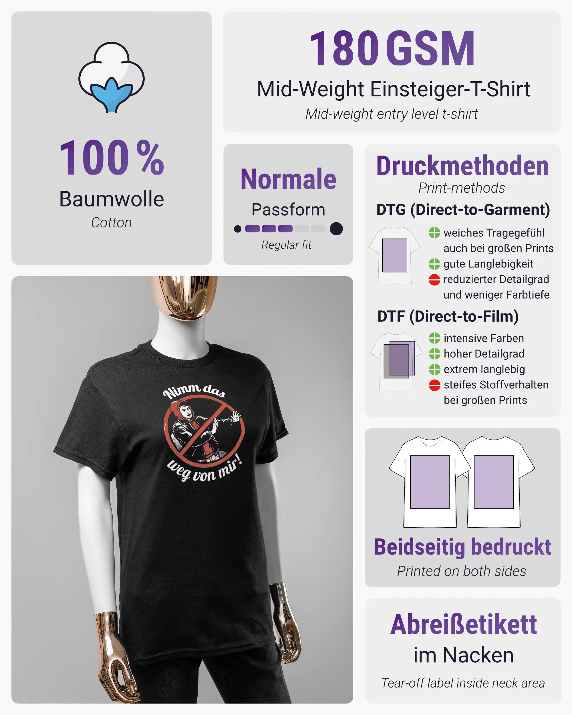 Produktinformationsblatt des Basic Unisex T-Shirt Regular von Maondo mit dem Design Nimm das weg vorne in der Farbe Black und in der Größe S