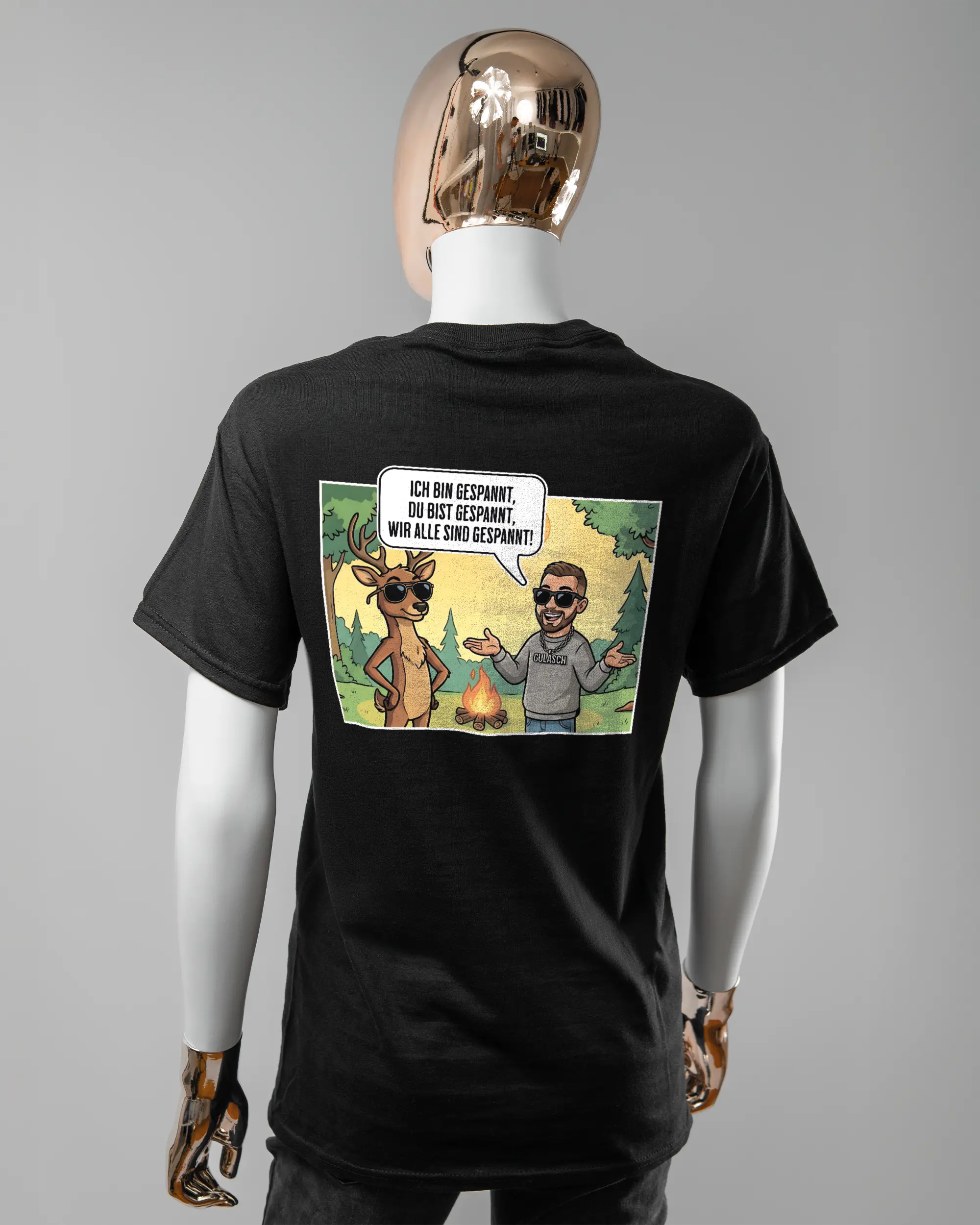 Rückseite des Basic Unisex T-Shirt Regular von Maondo mit dem Design Vollspannung in der Farbe Black und in der Größe S getragen von einer femininen Puppe