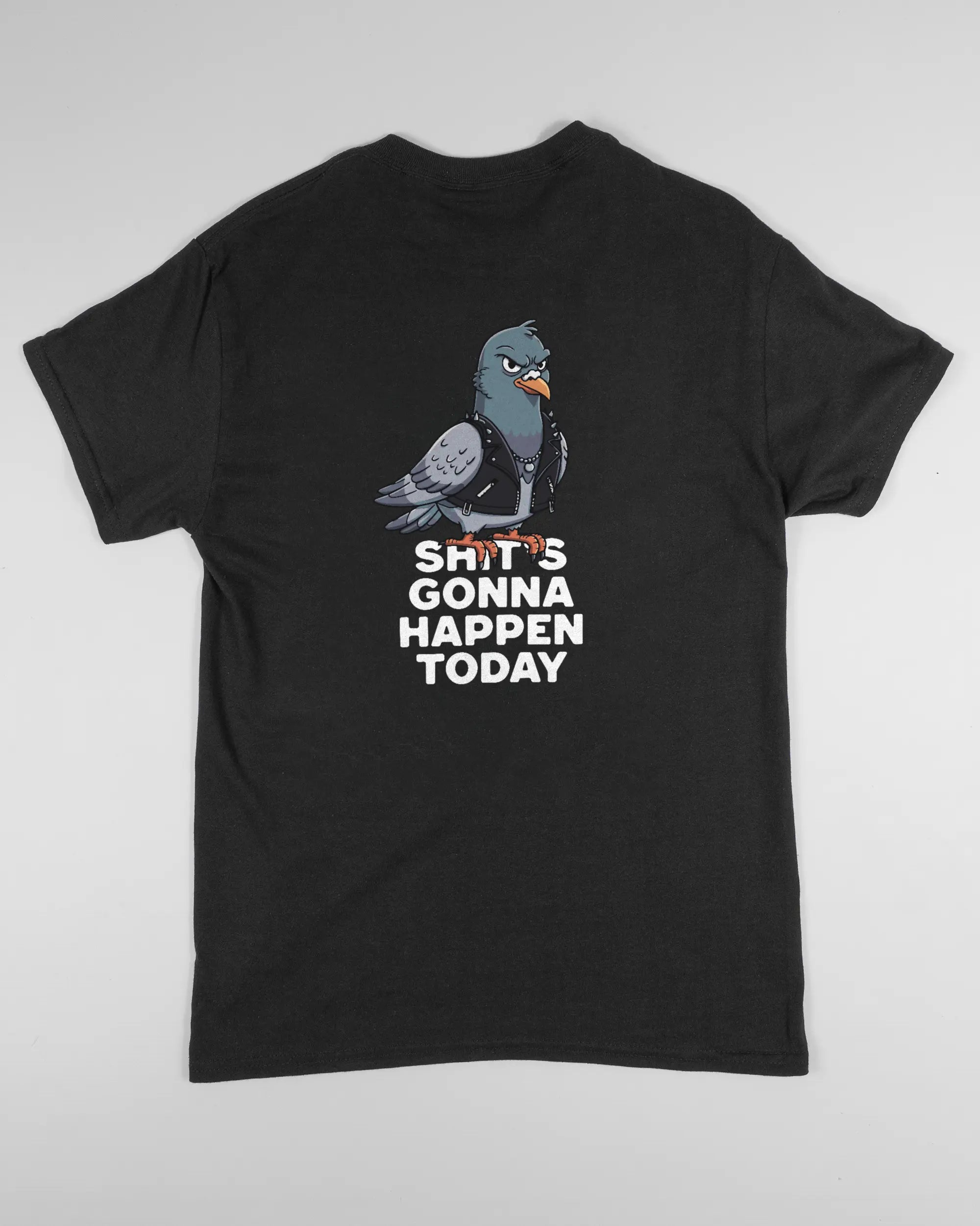 Rückseite des Basic Unisex T-Shirt Regular von Maondo mit dem Design Pigeon Pun in der Farbe Black und in der Größe S flach auf den Boden gelegt