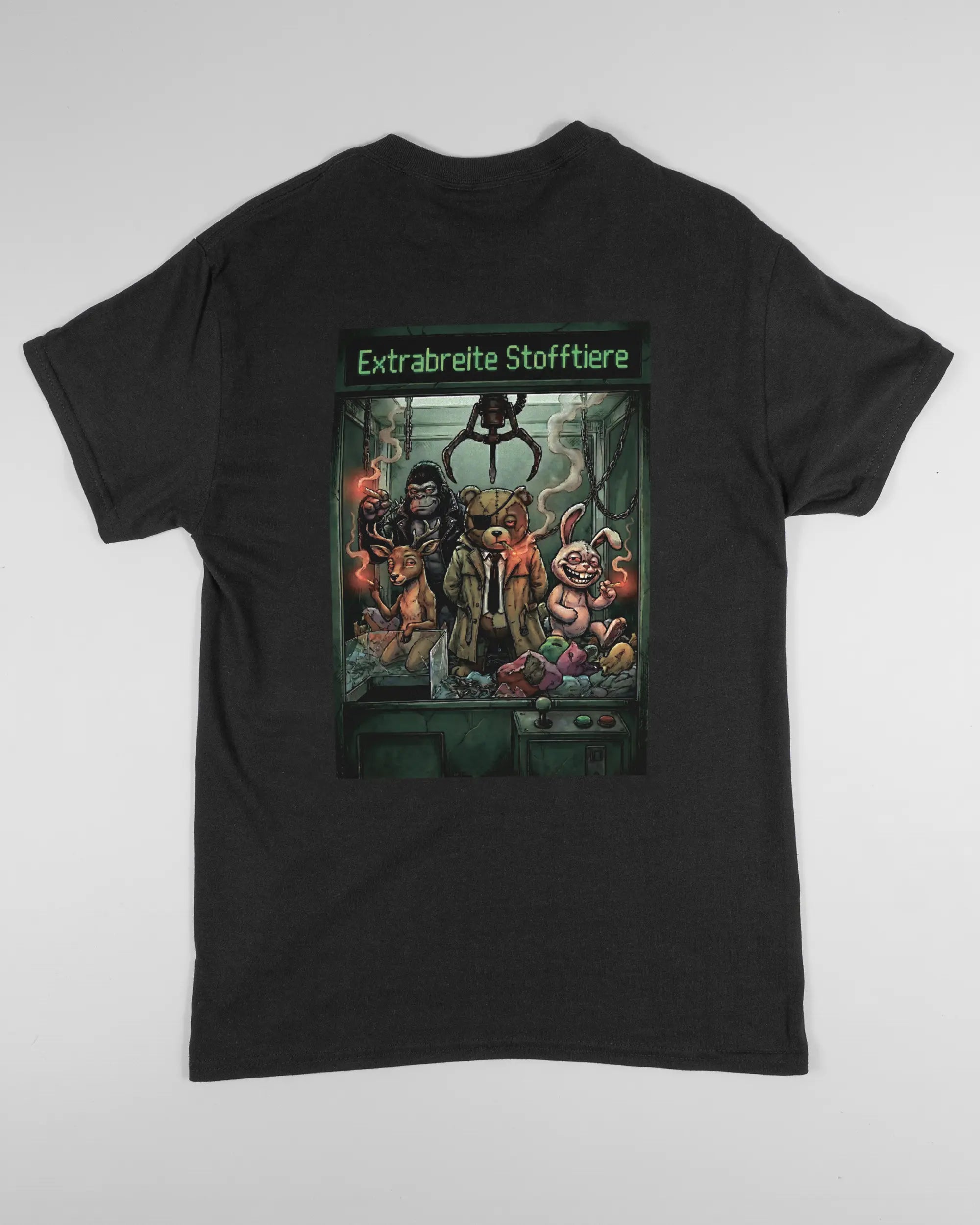 Rückseite des Basic Unisex T-Shirt Regular von Maondo mit dem Design Extrabreit in der Farbe Black und in der Größe S flach auf den Boden gelegt