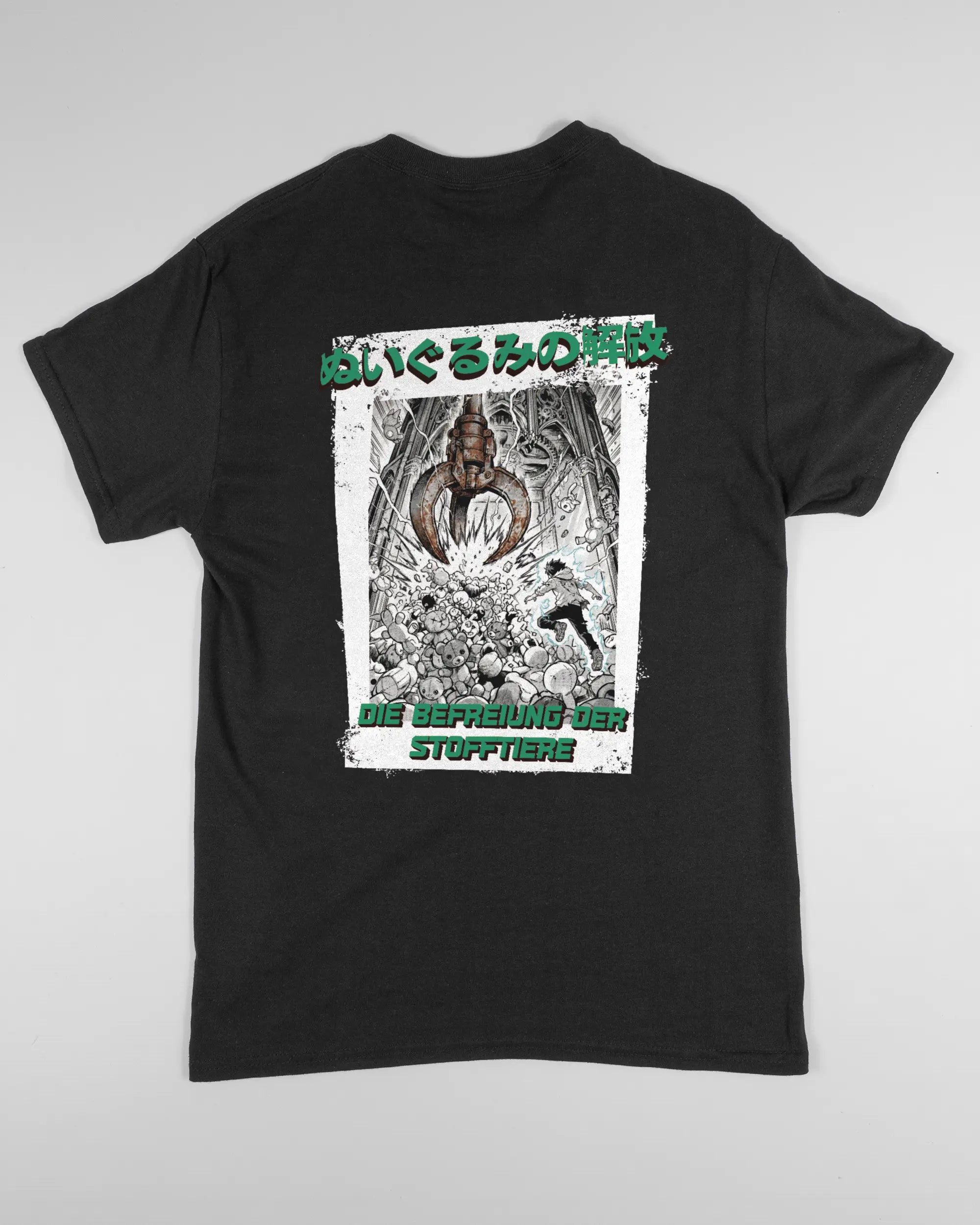 Rückseite des Basic Unisex T-Shirt Regular von Maondo mit dem Design Save 1 Stofftier in der Farbe Black und in der Größe S flach auf den Boden gelegt