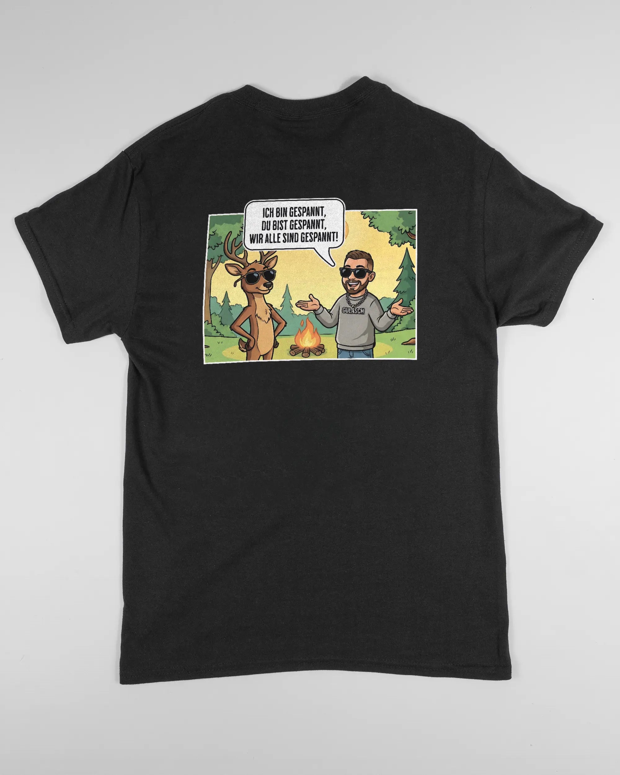 Rückseite des Basic Unisex T-Shirt Regular von Maondo mit dem Design Vollspannung in der Farbe Black und in der Größe S flach auf den Boden gelegt