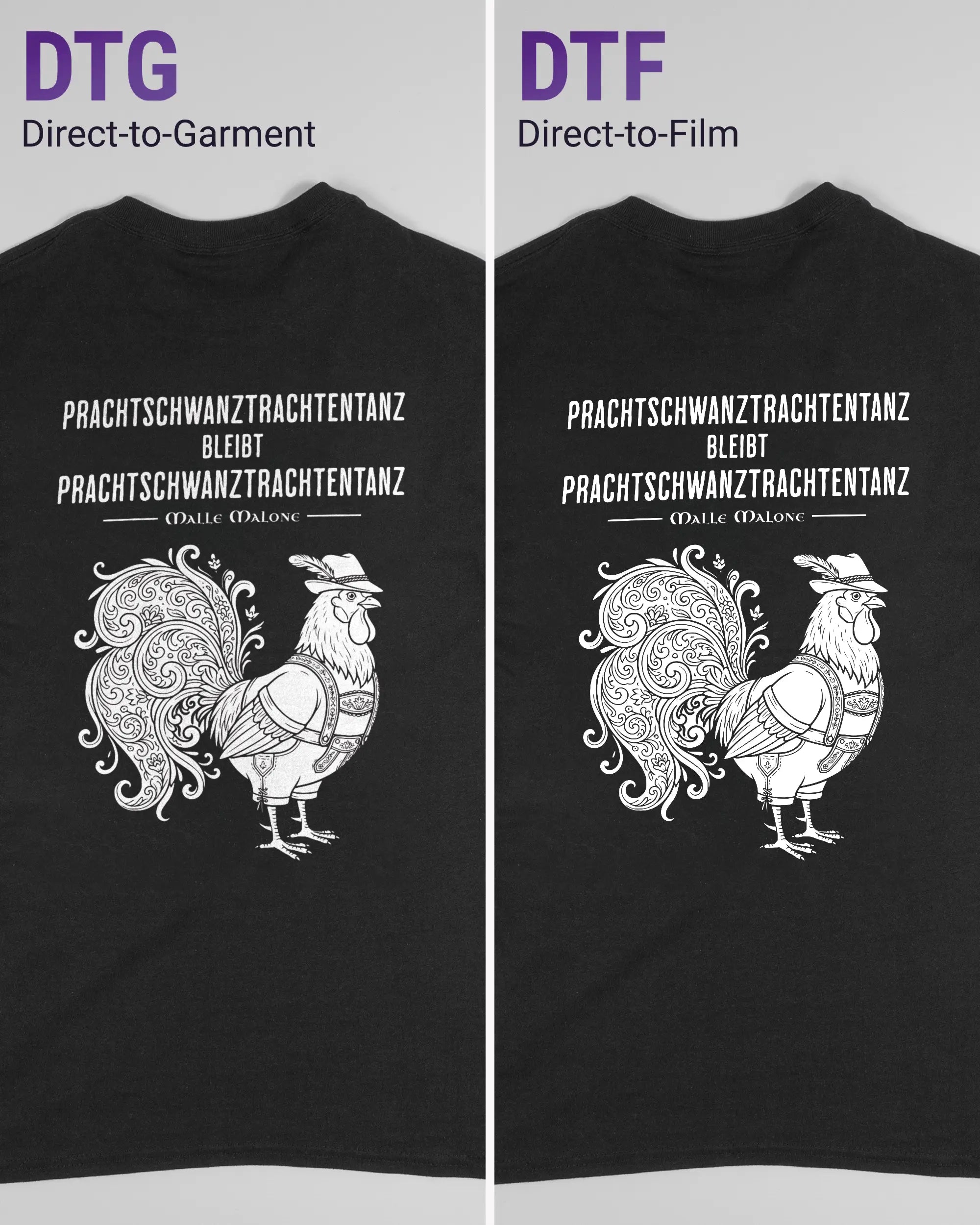 Vergleich der Rückseiten des Basic Unisex T-Shirt Regular von Maondo mit dem Design Trachtentanz in der Farbe Black und in der Größe S links mit dem Direct-to-Garment und rechts mit dem Direct-to-Film Verfahren