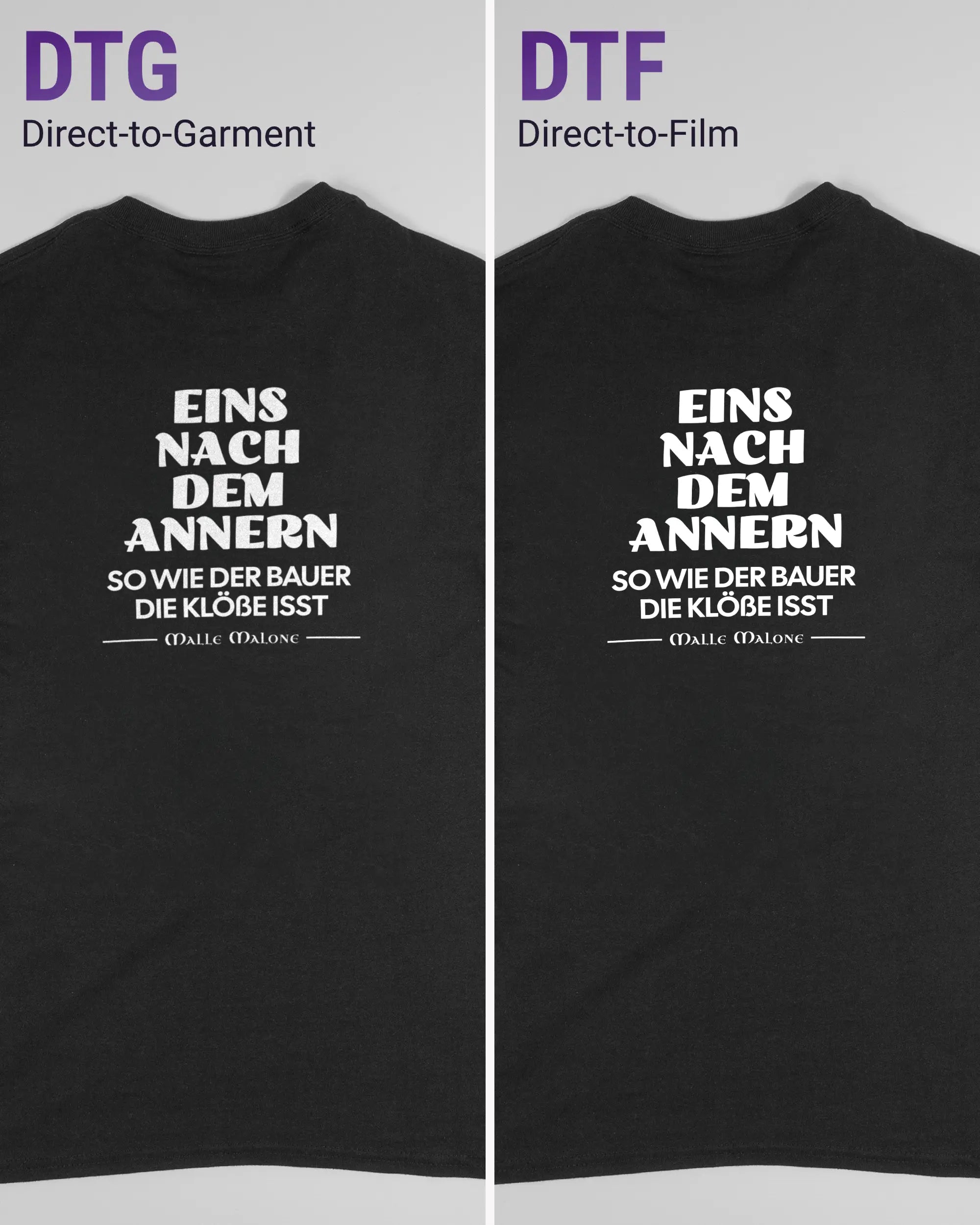 Vergleich der Rückseiten des Basic Unisex T-Shirt Regular von Maondo mit dem Design Eins nach dem Annern in der Farbe Black und in der Größe S links mit dem Direct-to-Garment und rechts mit dem Direct-to-Film Verfahren