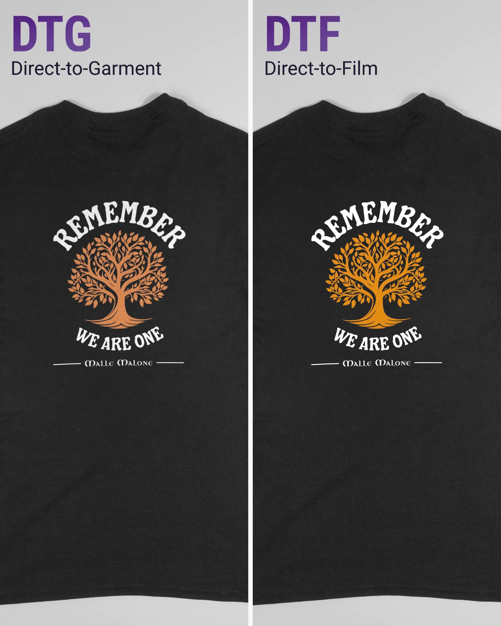 Vergleich der Rückseiten des Basic Unisex T-Shirt Regular von Maondo mit dem Design We are one in der Farbe Black und in der Größe S links mit dem Direct-to-Garment und rechts mit dem Direct-to-Film Verfahren