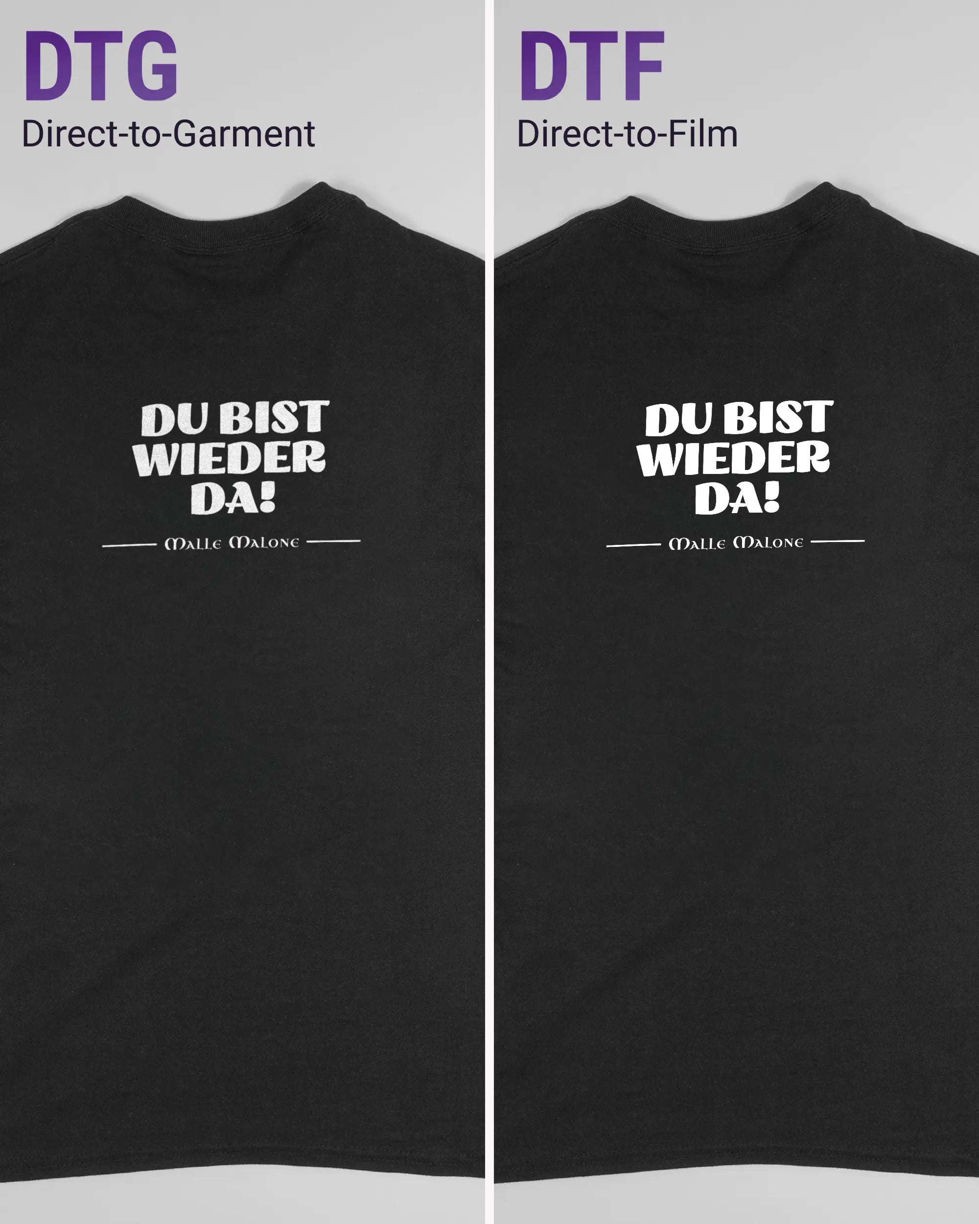 Vergleich der Rückseiten des Basic Unisex T-Shirt Regular von Maondo mit dem Design Wieder da in der Farbe Black und in der Größe S links mit dem Direct-to-Garment und rechts mit dem Direct-to-Film Verfahren