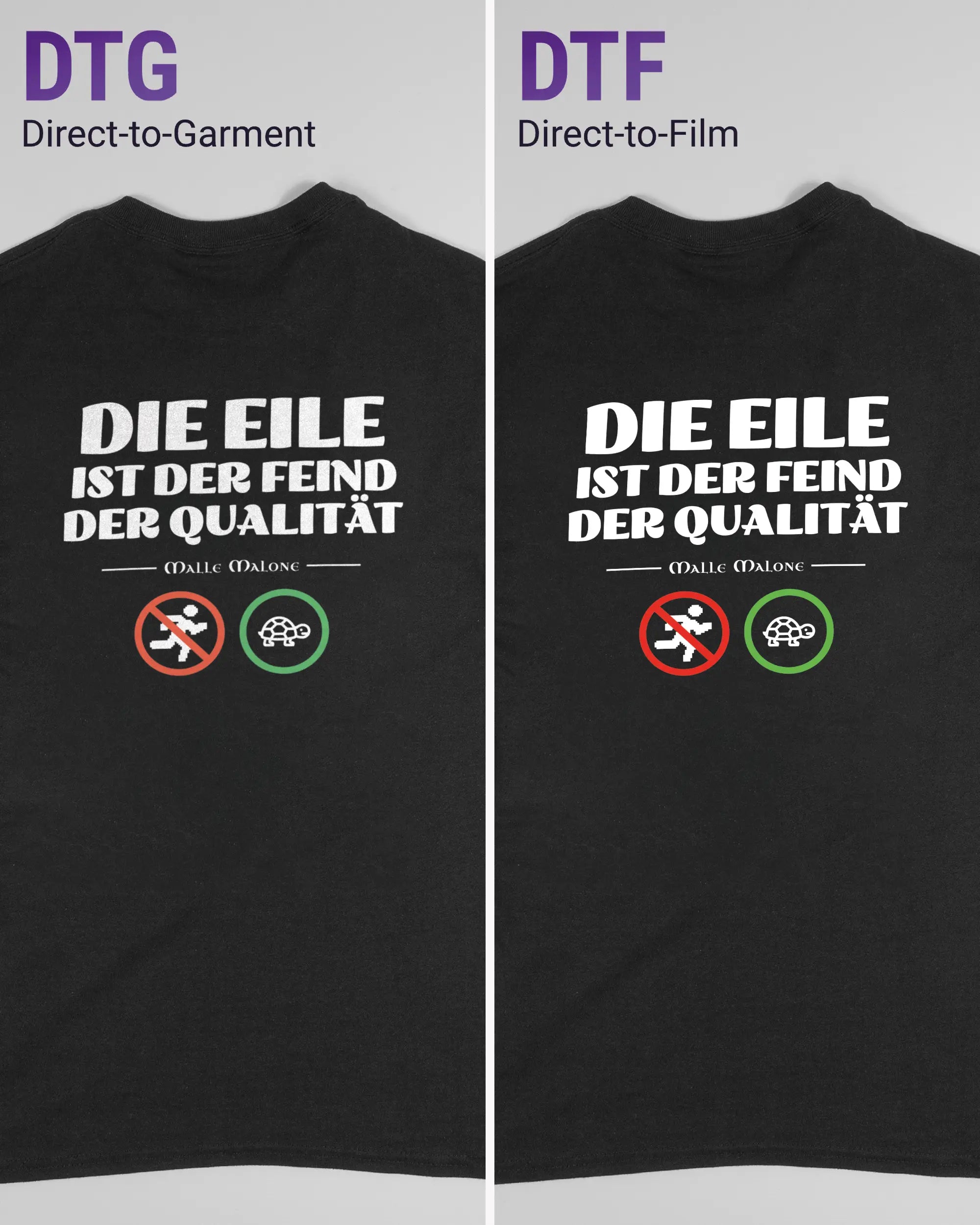 Vergleich der Rückseiten des Basic Unisex T-Shirt Regular von Maondo mit dem Design Keine Eile in der Farbe Black und in der Größe S links mit dem Direct-to-Garment und rechts mit dem Direct-to-Film Verfahren