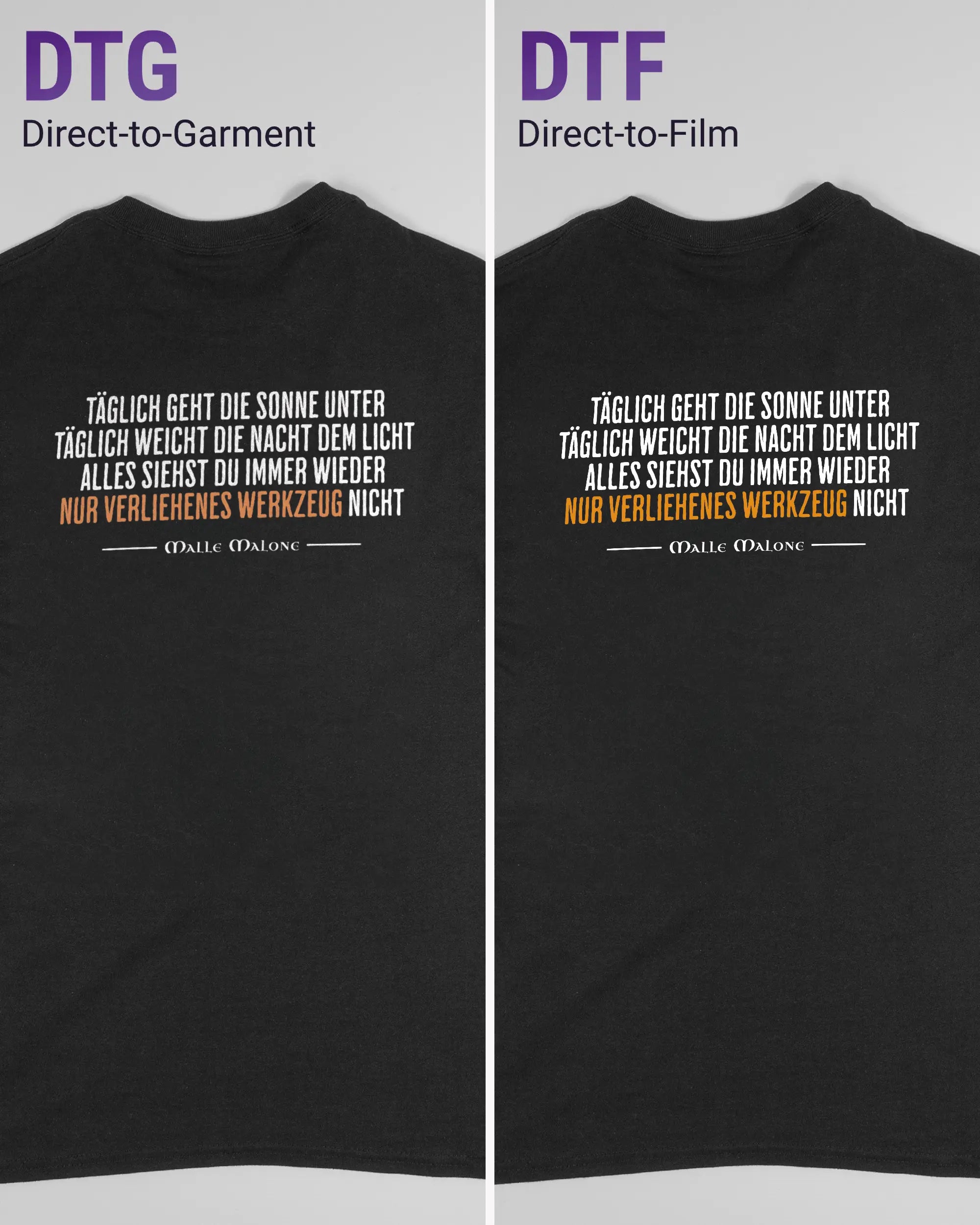 Vergleich der Rückseiten des Basic Unisex T-Shirt Regular von Maondo mit dem Design Wegzeug in der Farbe Black und in der Größe S links mit dem Direct-to-Garment und rechts mit dem Direct-to-Film Verfahren