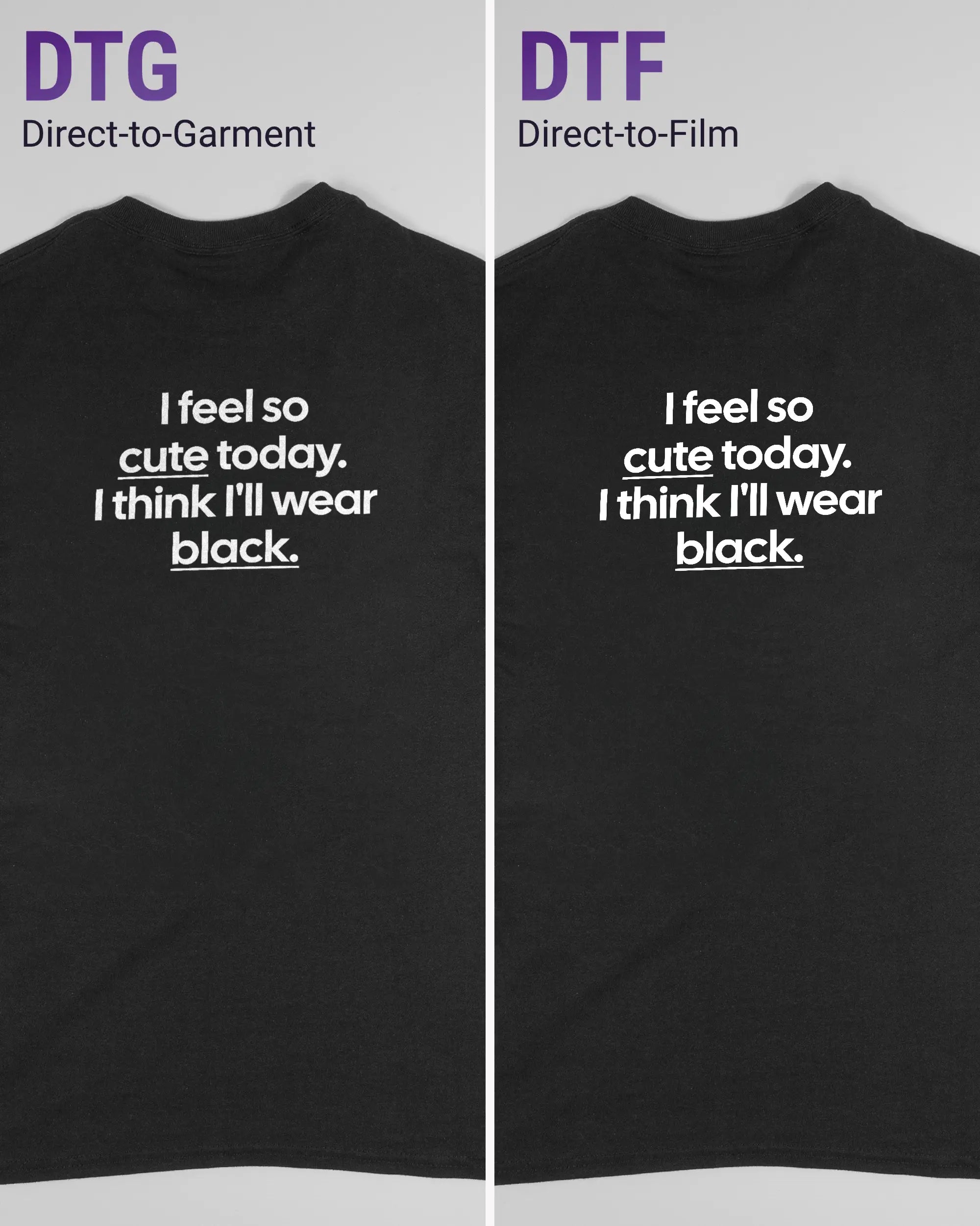 Vergleich der Rückseiten des Basic Unisex T-Shirt Regular von Maondo mit dem Design Colorful Day in der Farbe Black und in der Größe S links mit dem Direct-to-Garment und rechts mit dem Direct-to-Film Verfahren