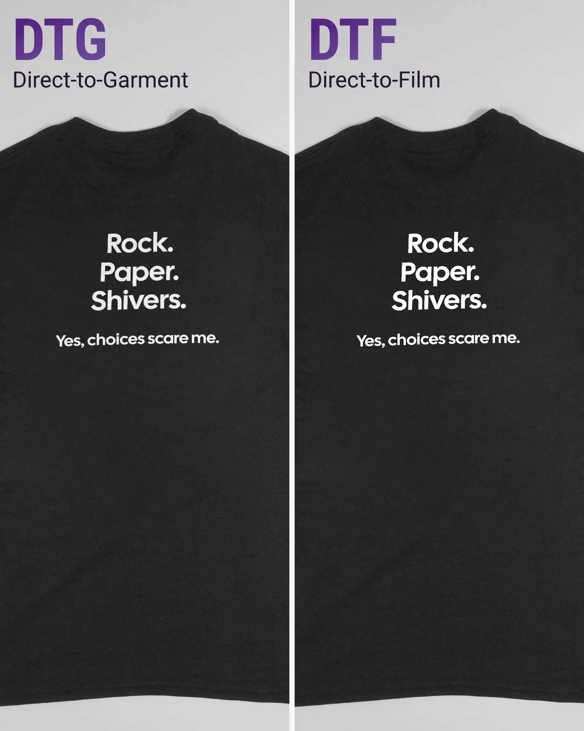 Vergleich der Rückseiten des Basic Unisex T-Shirt Regular von Maondo mit dem Design Rock Paper Shivers in der Farbe Black und in der Größe S links mit dem Direct-to-Garment und rechts mit dem Direct-to-Film Verfahren