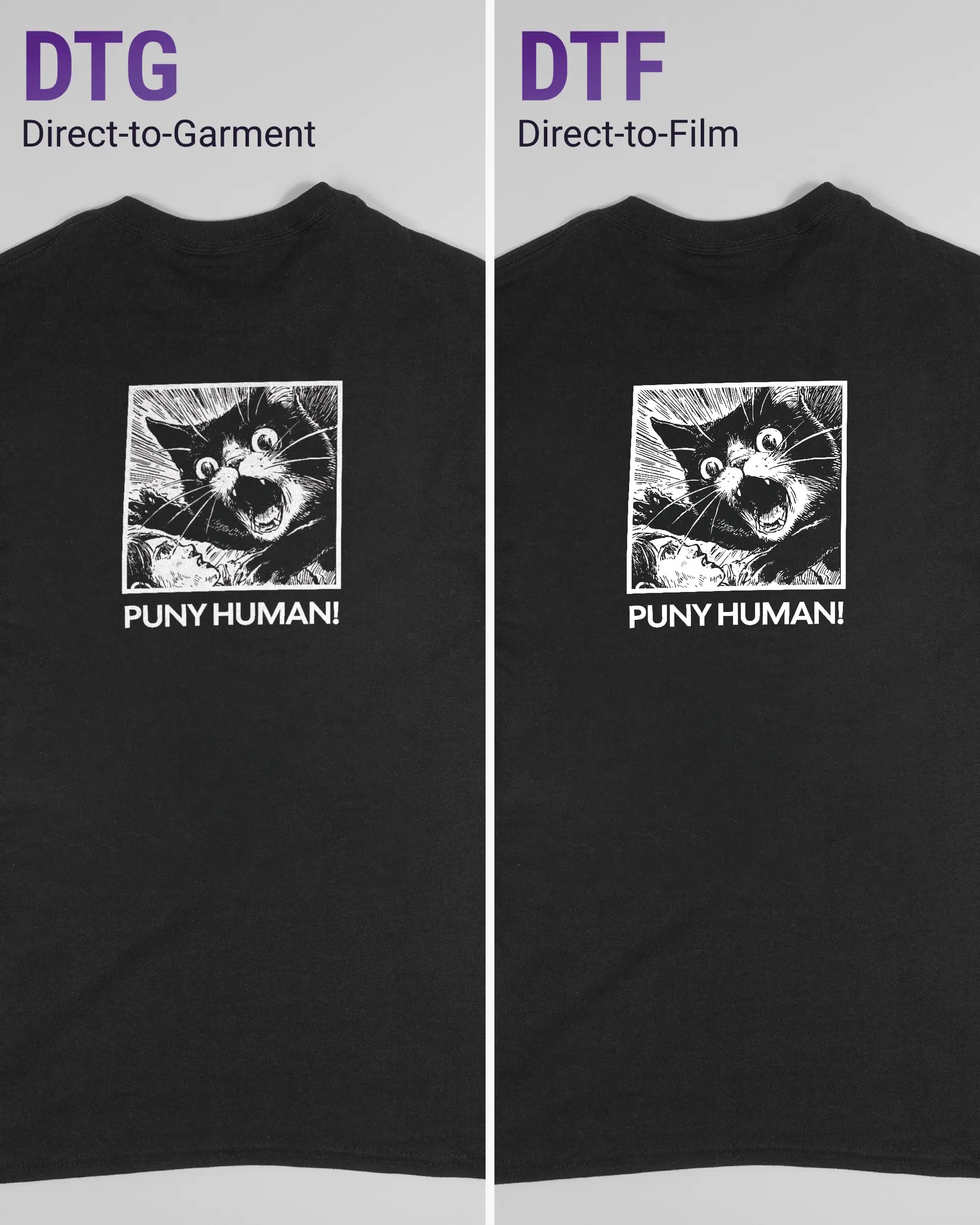 Vergleich der Rückseiten des Basic Unisex T-Shirt Regular von Maondo mit dem Design Puny Human in der Farbe Black und in der Größe S links mit dem Direct-to-Garment und rechts mit dem Direct-to-Film Verfahren
