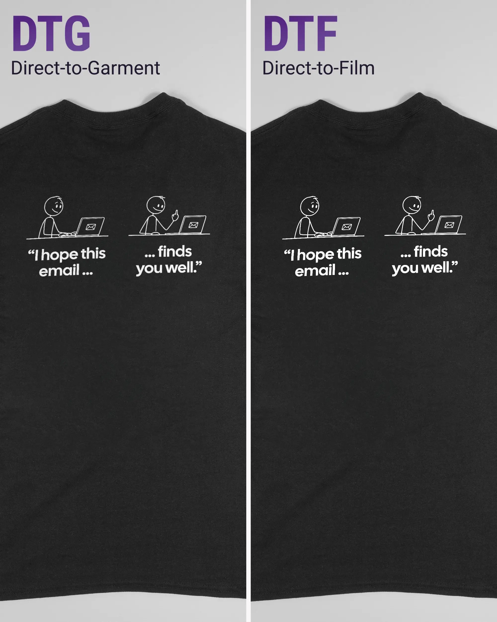 Vergleich der Rückseiten des Basic Unisex T-Shirt Regular von Maondo mit dem Design Found me not well in der Farbe Black und in der Größe S links mit dem Direct-to-Garment und rechts mit dem Direct-to-Film Verfahren