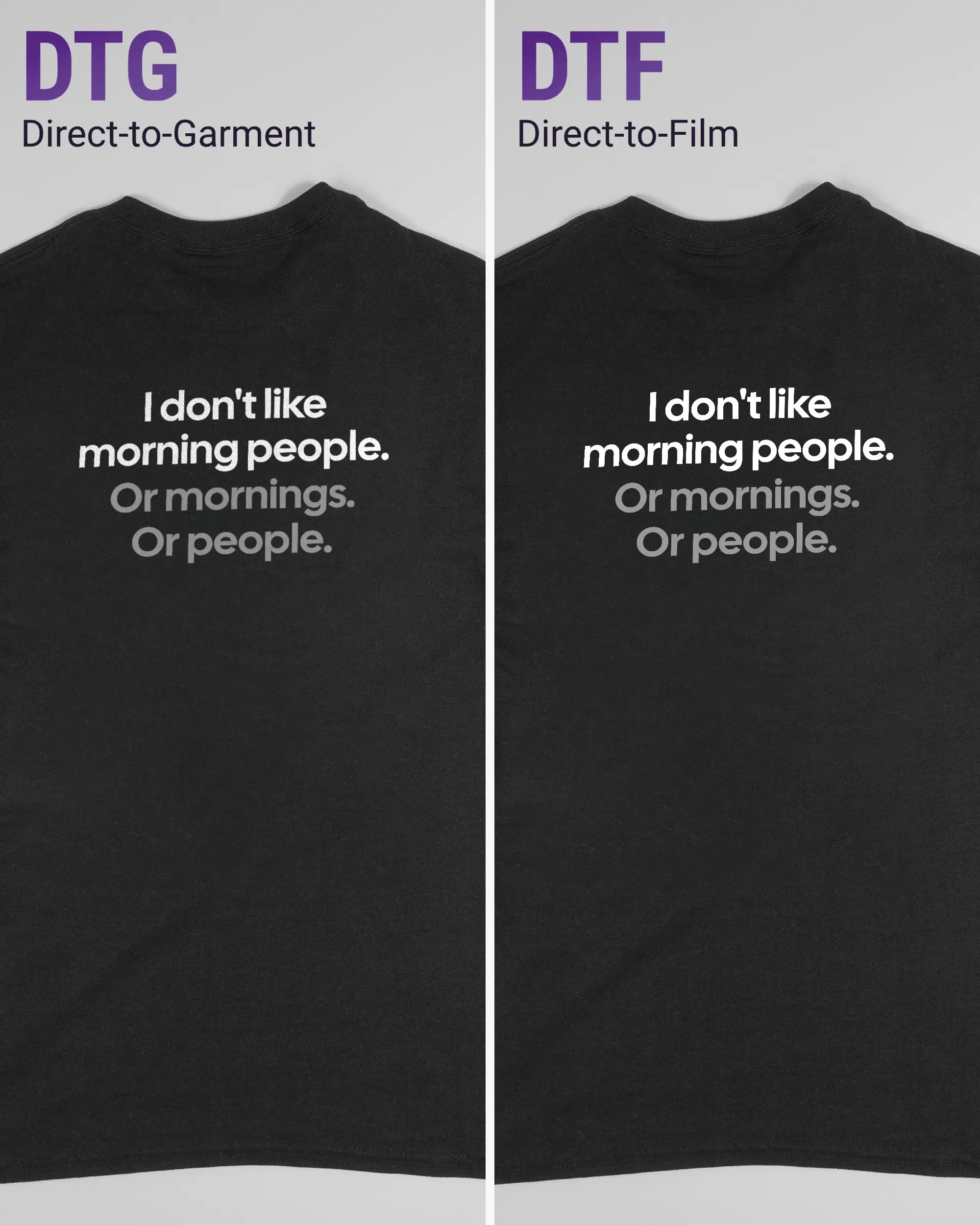Vergleich der Rückseiten des Basic Unisex T-Shirt Regular von Maondo mit dem Design Morning Person in der Farbe Black und in der Größe S links mit dem Direct-to-Garment und rechts mit dem Direct-to-Film Verfahren