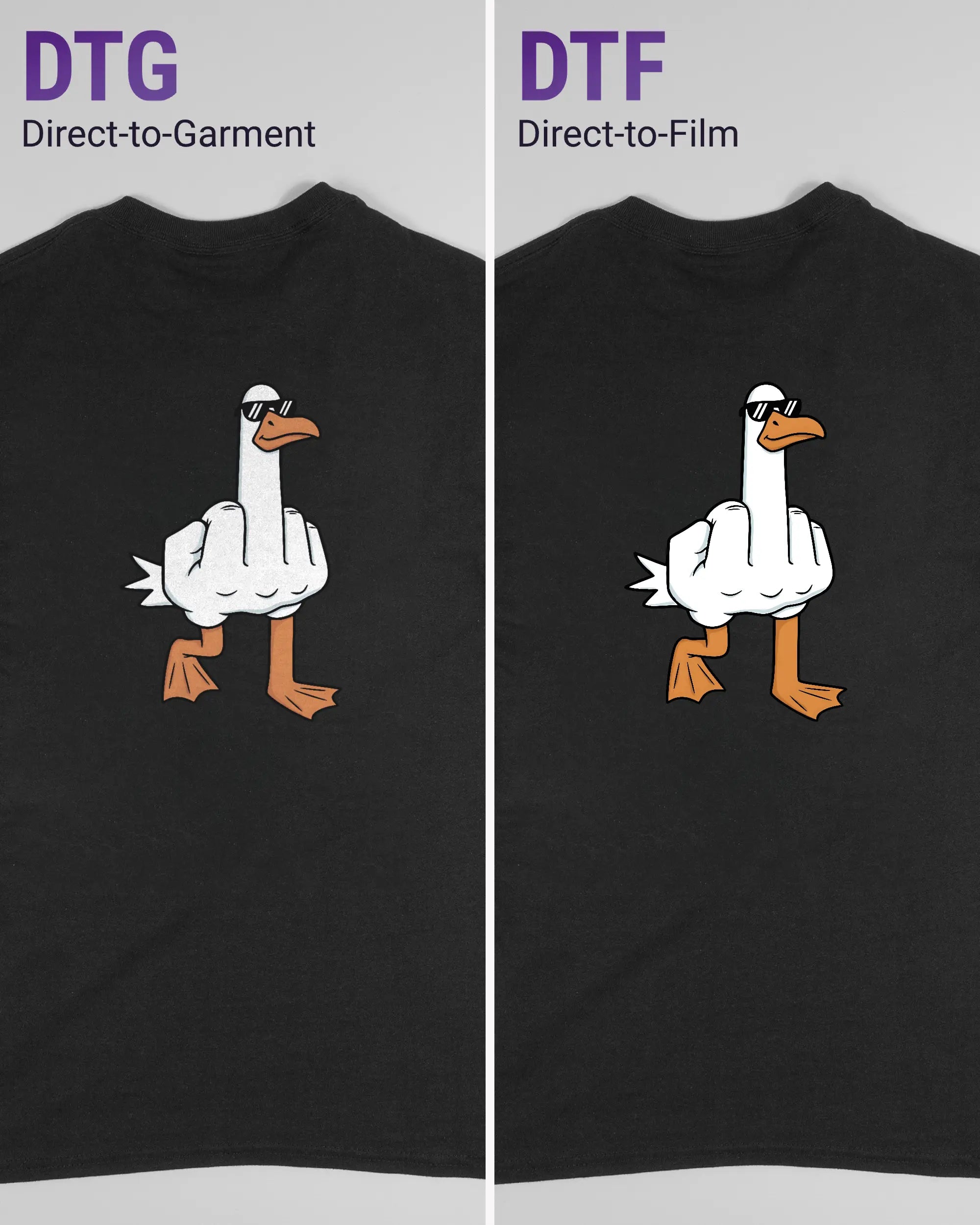 Vergleich der Rückseiten des Basic Unisex T-Shirt Regular von Maondo mit dem Design I give a duck in der Farbe Black und in der Größe S links mit dem Direct-to-Garment und rechts mit dem Direct-to-Film Verfahren