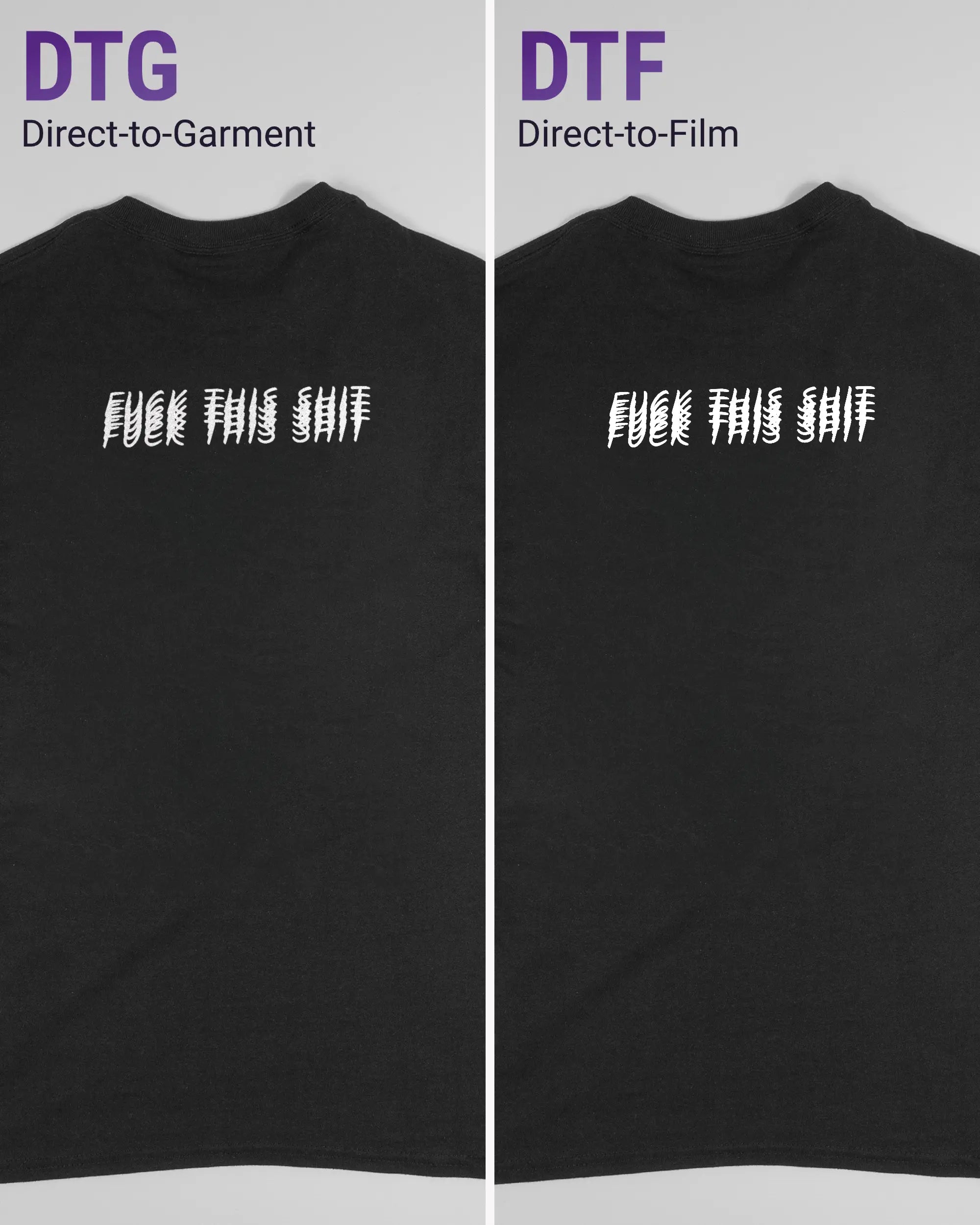 Vergleich der Rückseiten des Basic Unisex T-Shirt Regular von Maondo mit dem Design Hidden Message in der Farbe Black und in der Größe S links mit dem Direct-to-Garment und rechts mit dem Direct-to-Film Verfahren