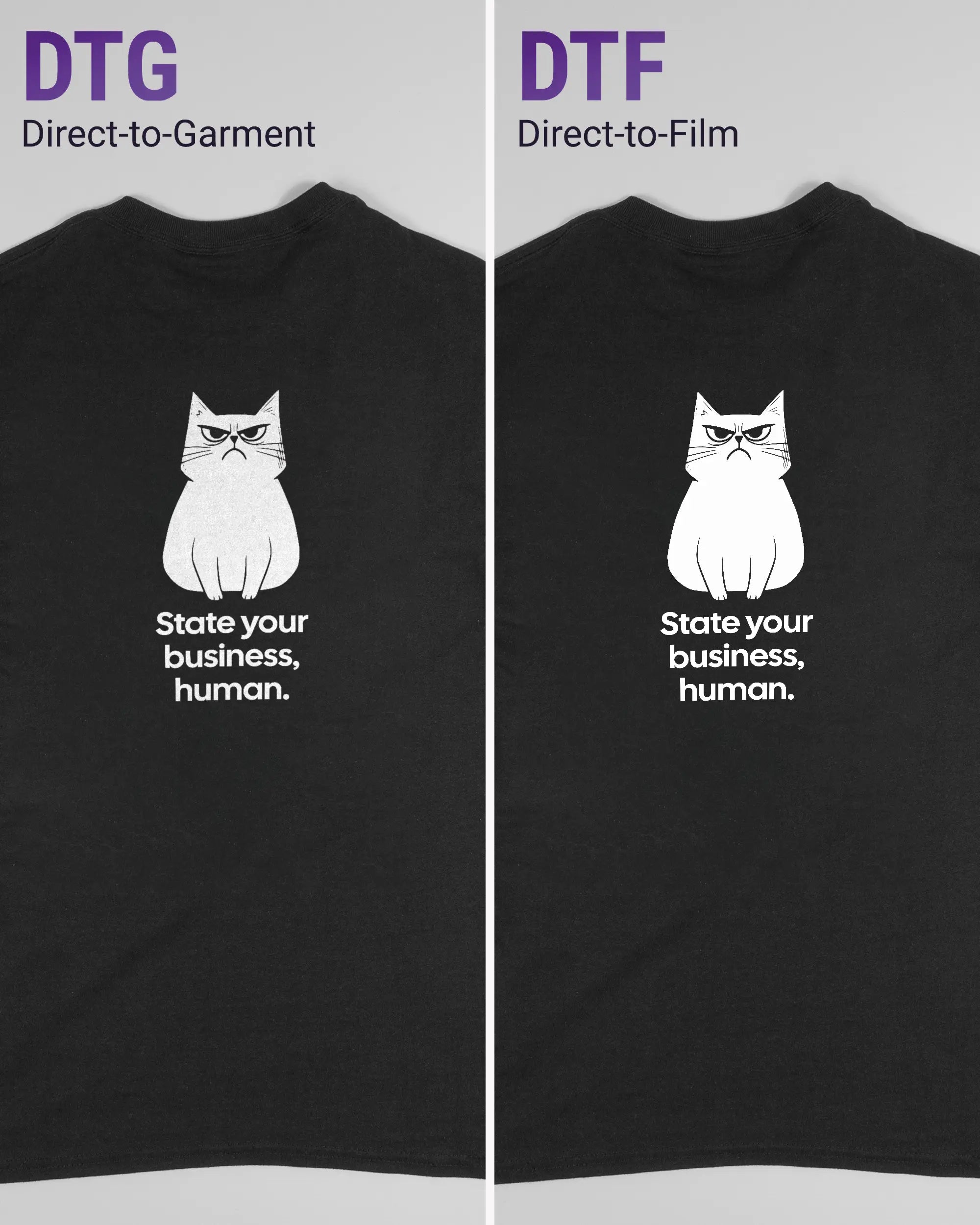 Vergleich der Rückseiten des Basic Unisex T-Shirt Regular von Maondo mit dem Design Grumpy Purr in der Farbe Black und in der Größe S links mit dem Direct-to-Garment und rechts mit dem Direct-to-Film Verfahren