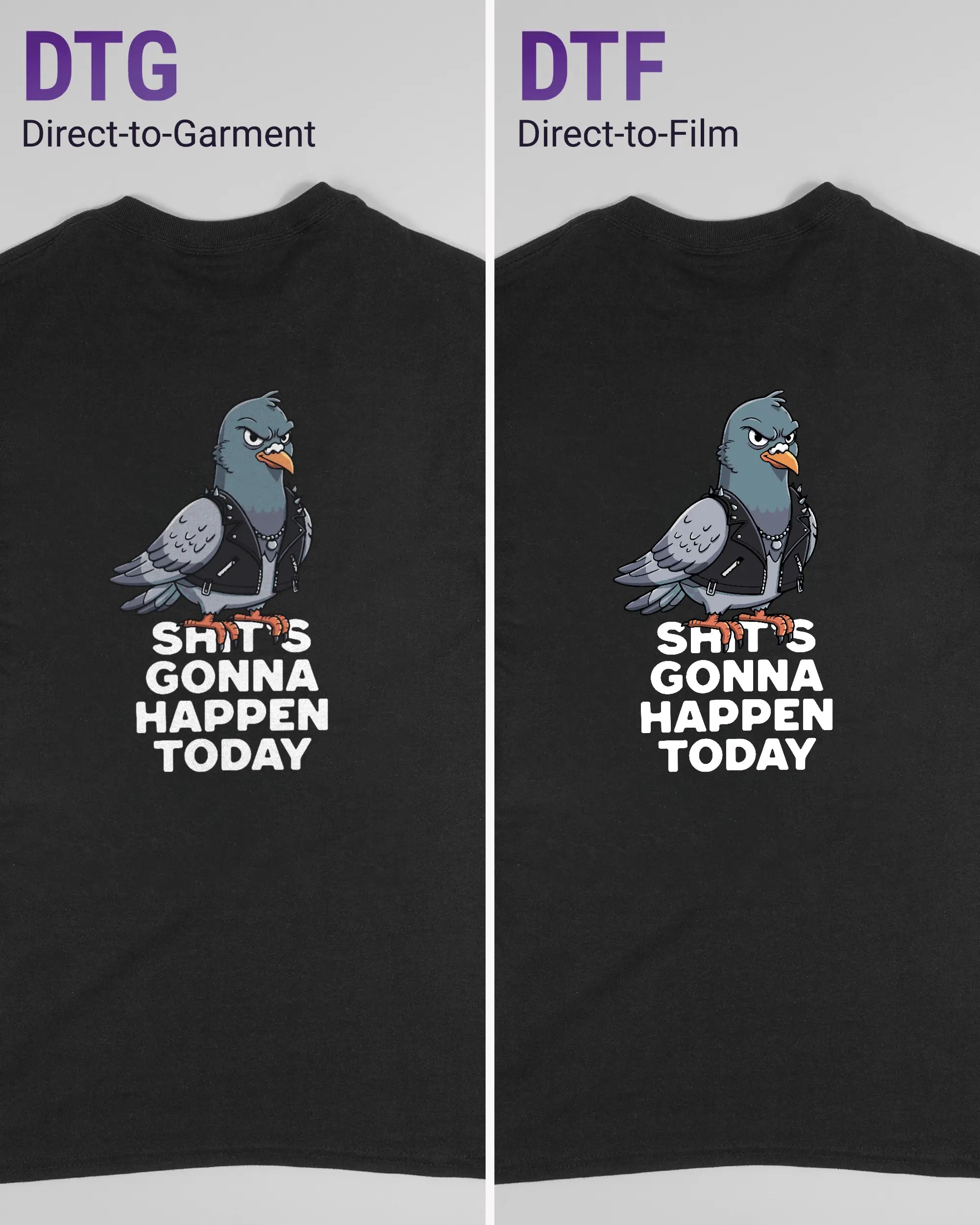 Vergleich der Rückseiten des Basic Unisex T-Shirt Regular von Maondo mit dem Design Pigeon Pun in der Farbe Black und in der Größe S links mit dem Direct-to-Garment und rechts mit dem Direct-to-Film Verfahren