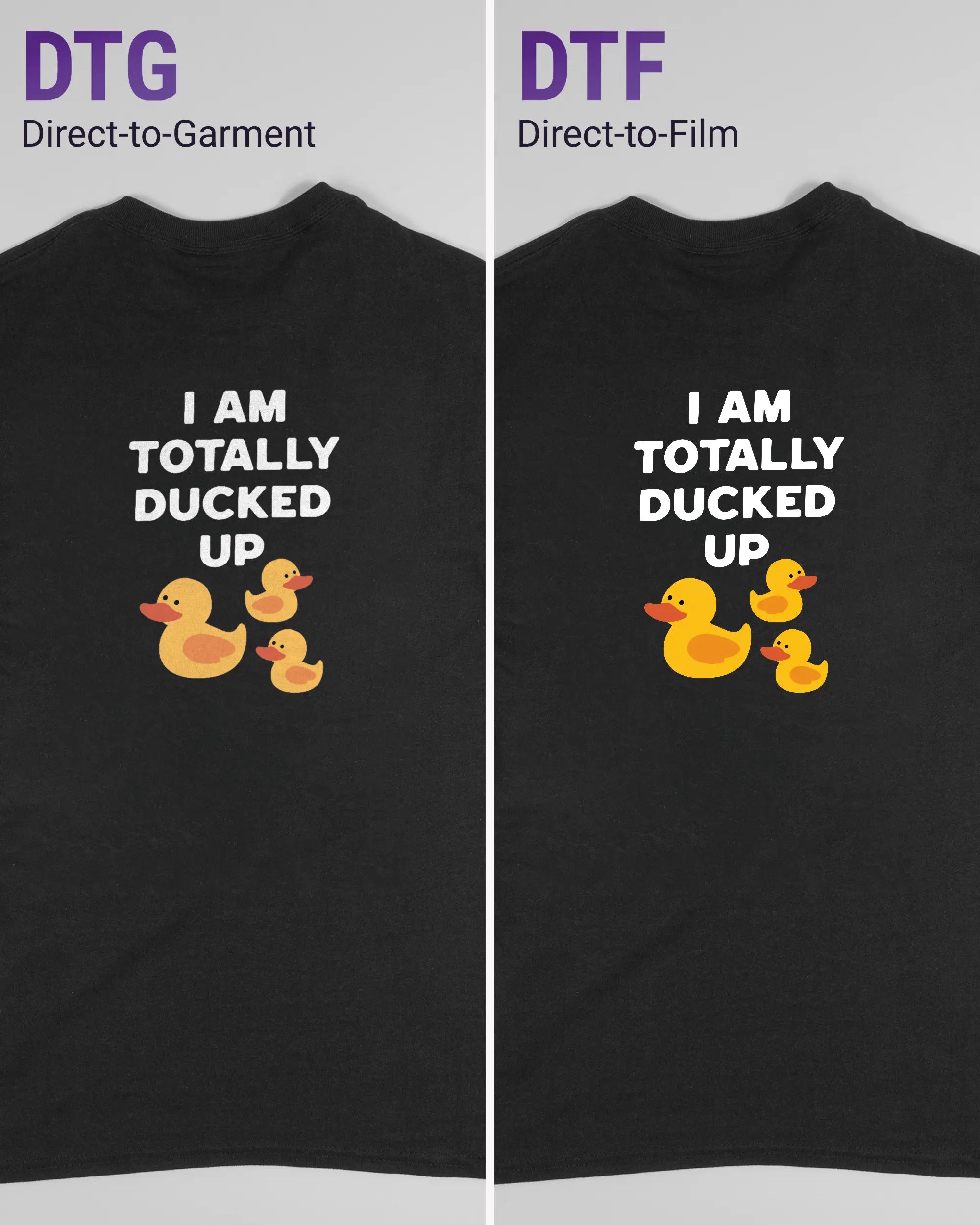 Vergleich der Rückseiten des Basic Unisex T-Shirt Regular von Maondo mit dem Design Ducked Up in der Farbe Black und in der Größe S links mit dem Direct-to-Garment und rechts mit dem Direct-to-Film Verfahren