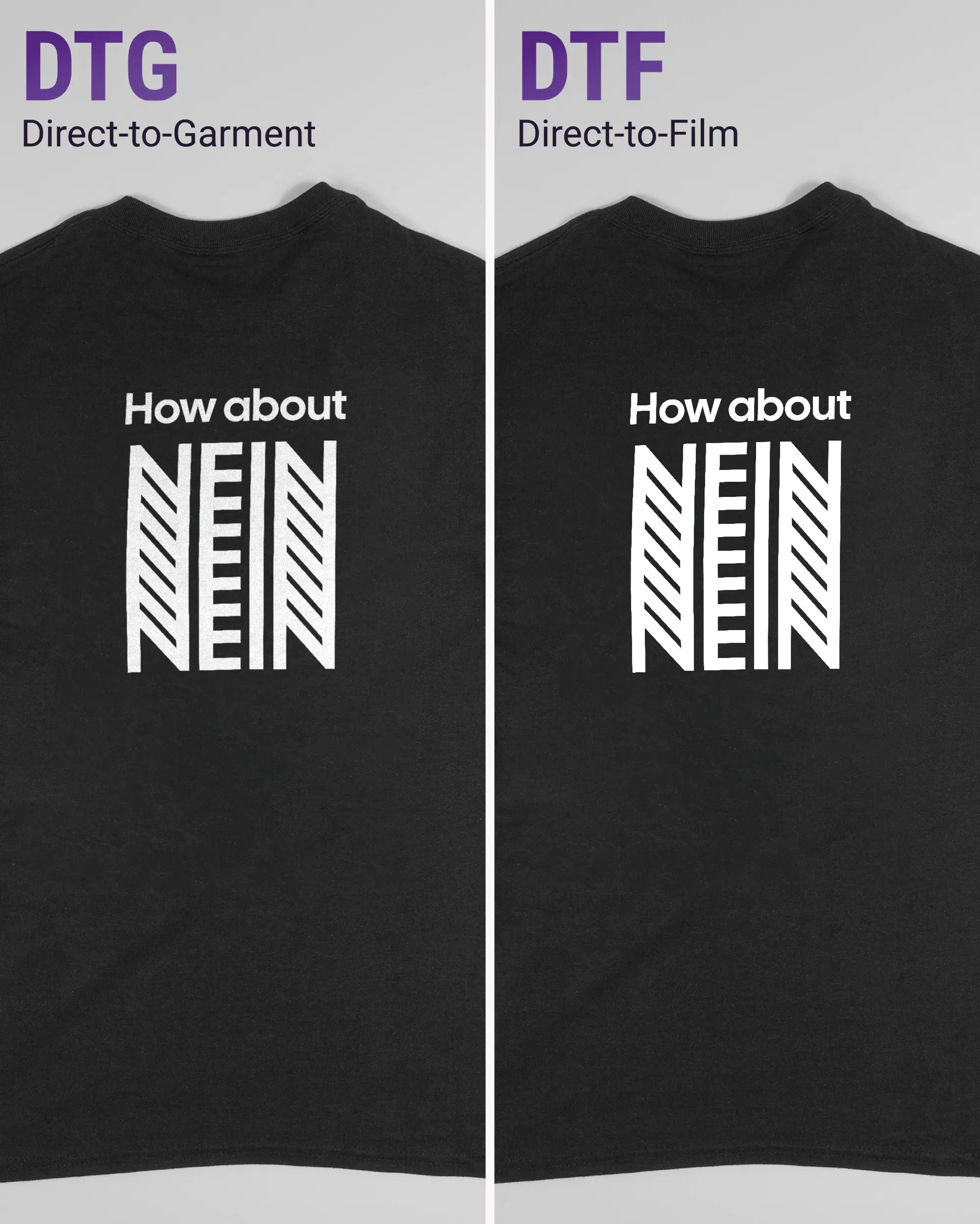 Vergleich der Rückseiten des Basic Unisex T-Shirt Regular von Maondo mit dem Design How about nein in der Farbe Black und in der Größe S links mit dem Direct-to-Garment und rechts mit dem Direct-to-Film Verfahren